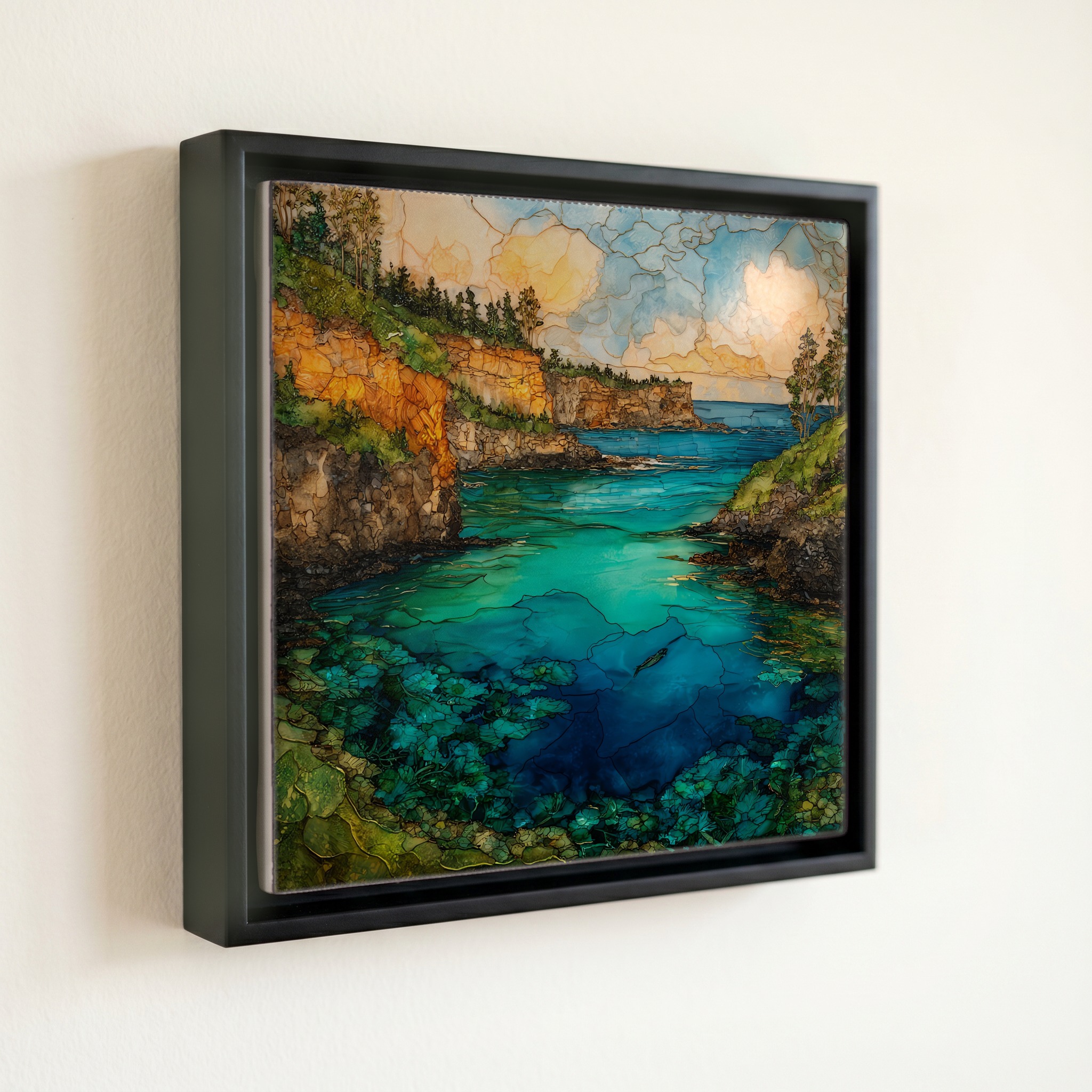 shown in a slim black floating frame · 6 × 6 in