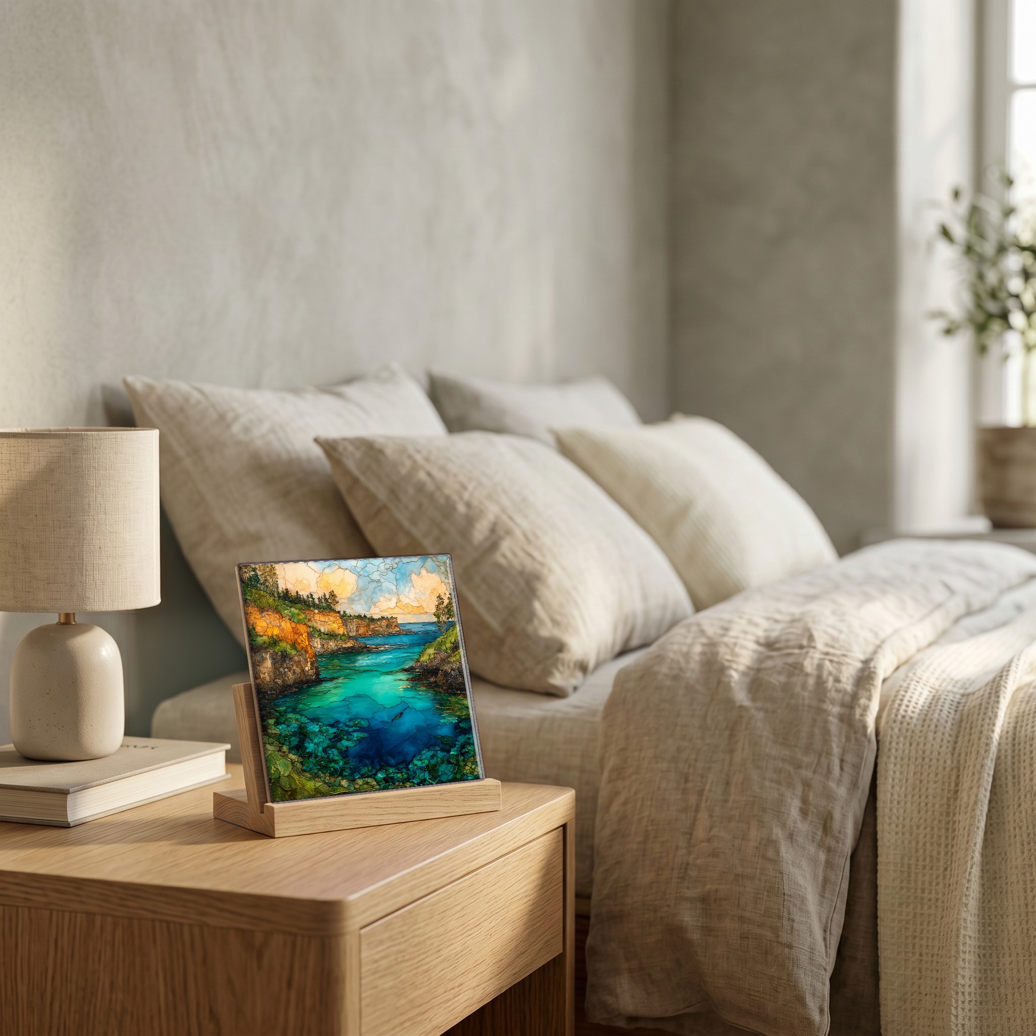 On the nightstand, on a light oak stand.