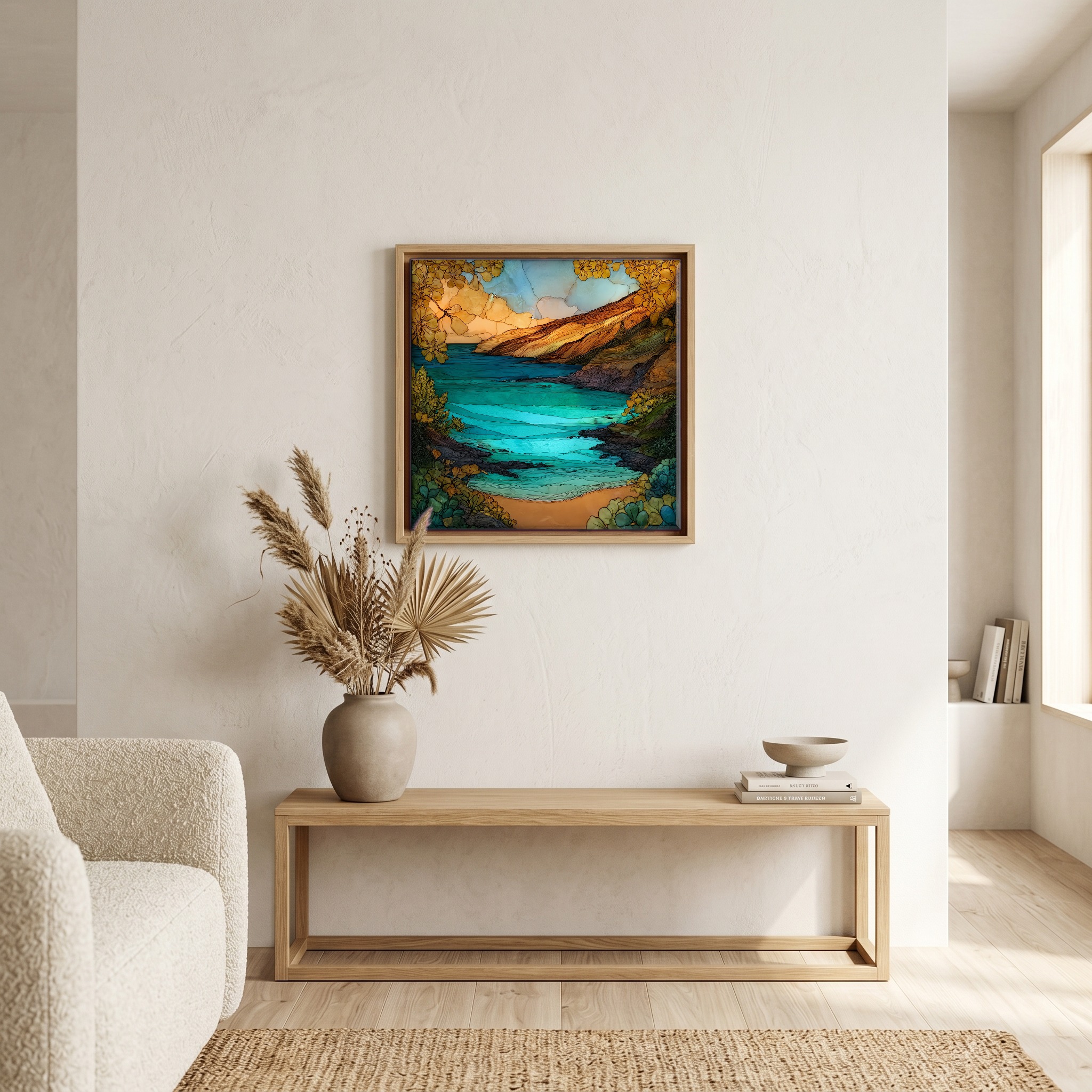 Above the bench, in a warm oak surround.