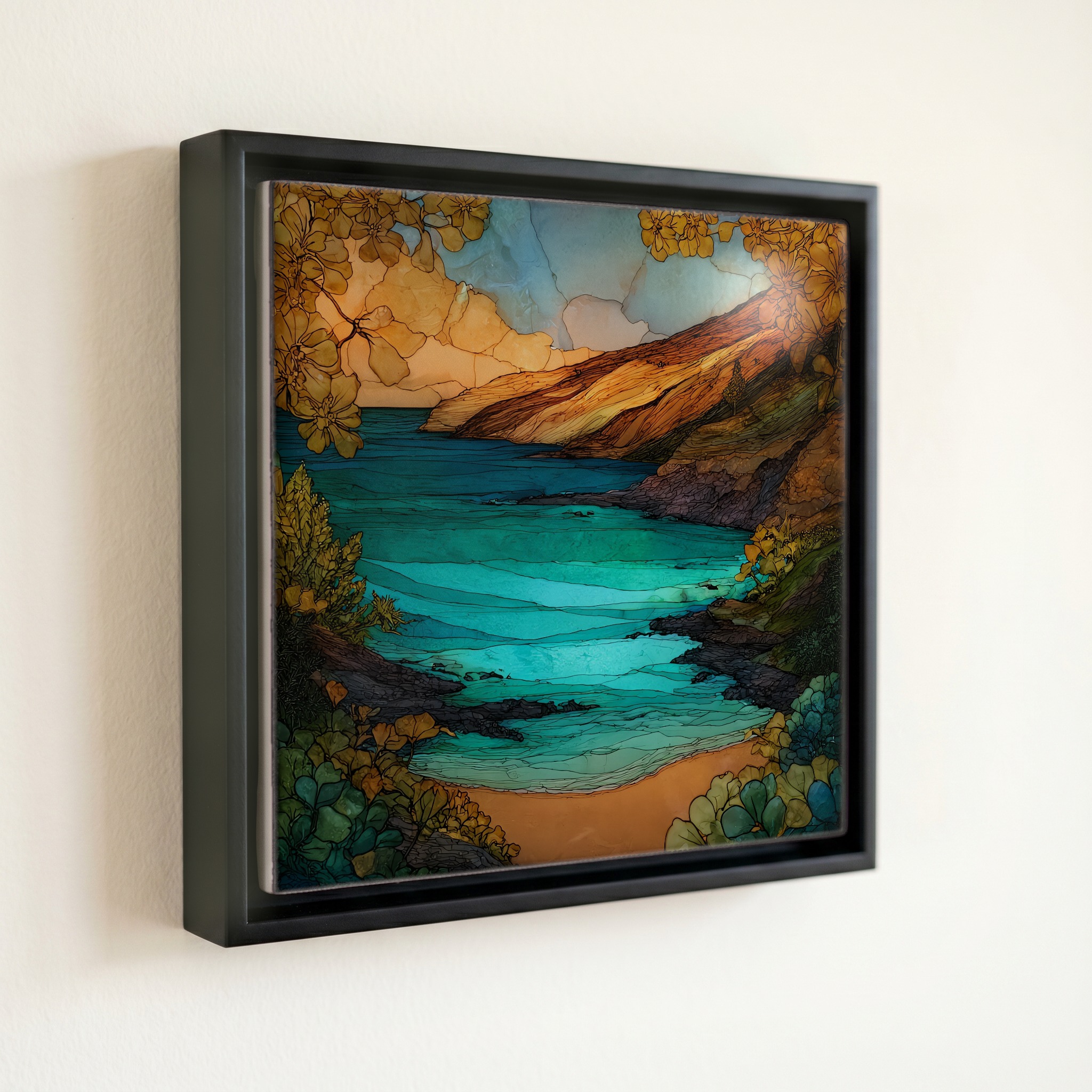 shown in a slim black floating frame · 6 × 6 in
