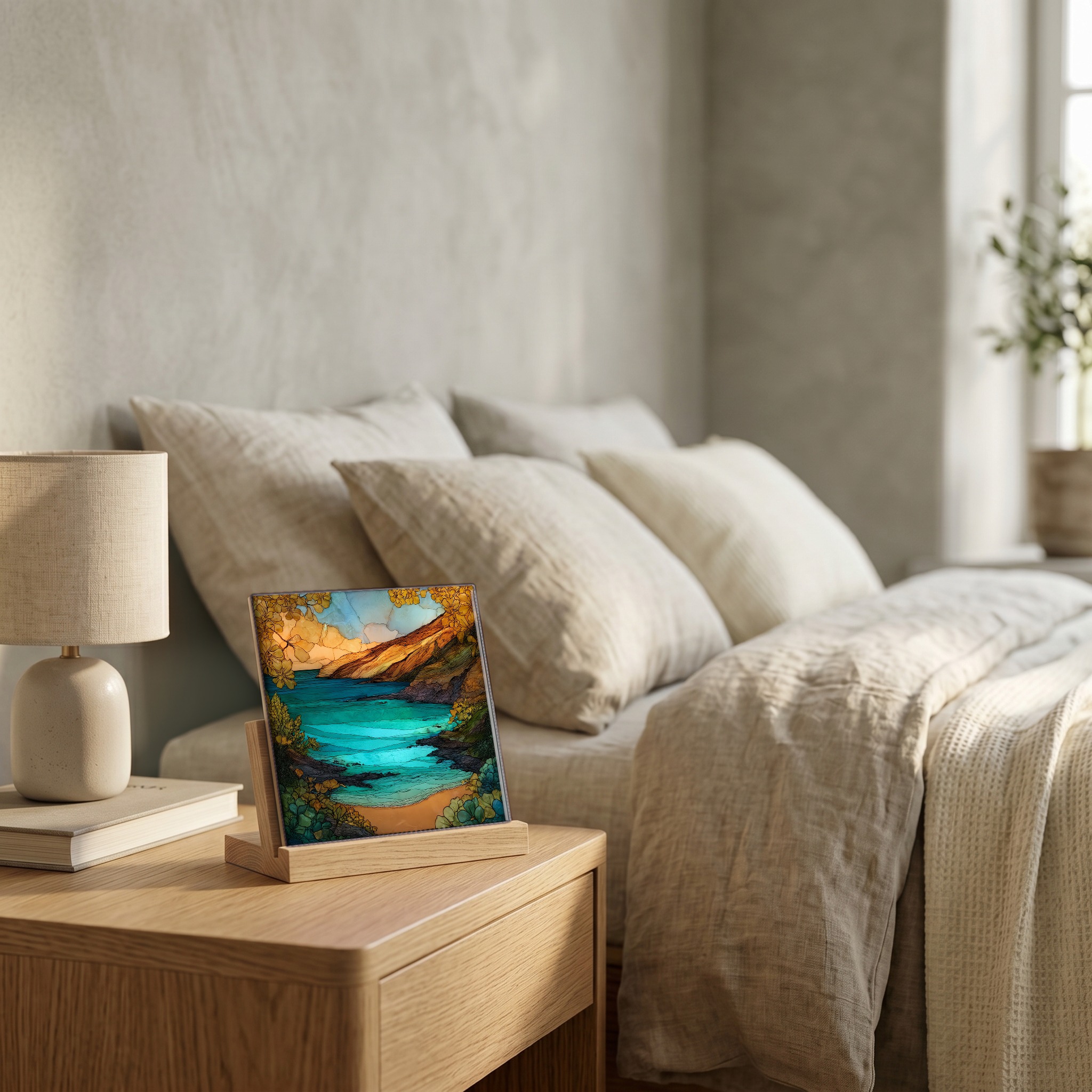 On the nightstand, on a light oak stand.