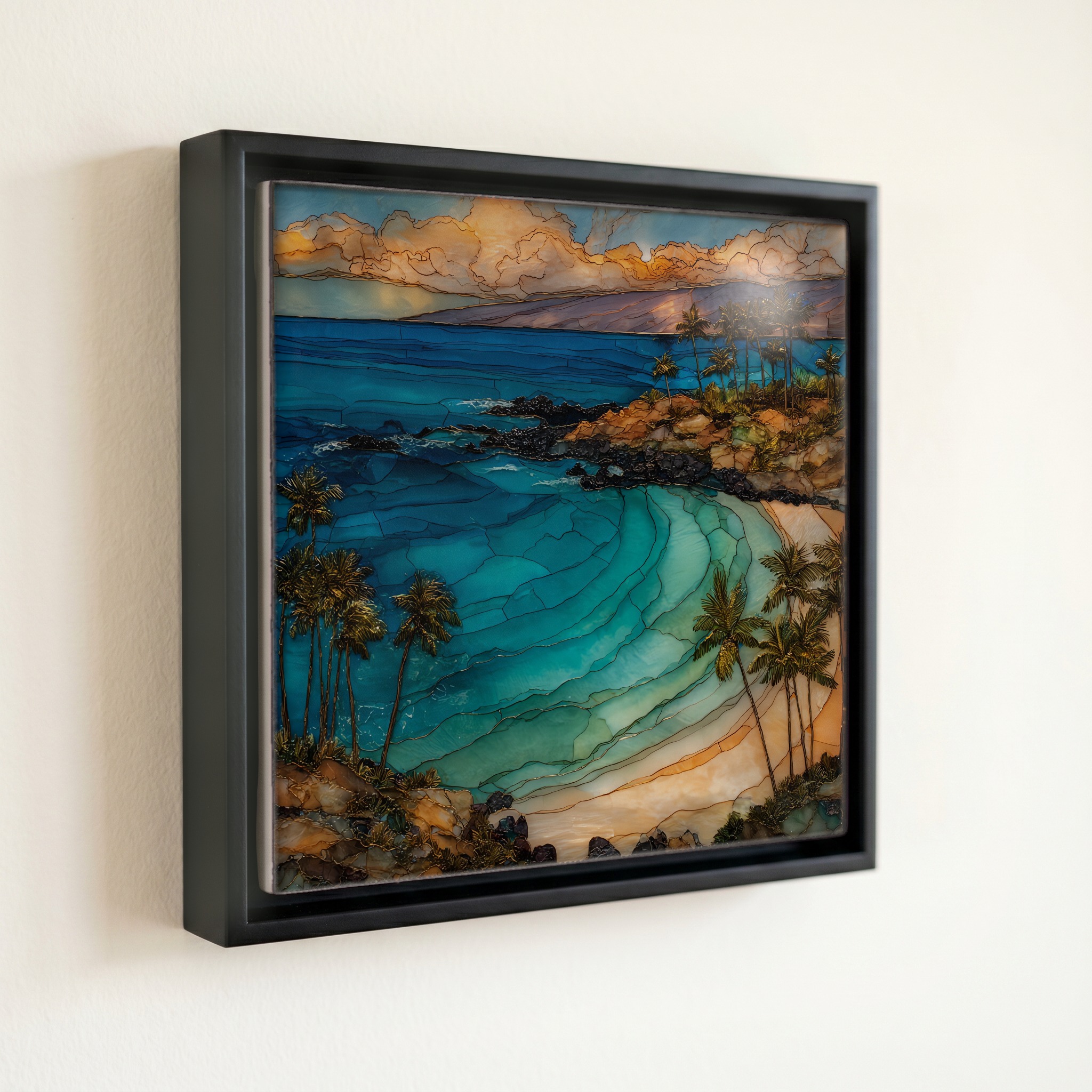 shown in a slim black floating frame · 6 × 6 in