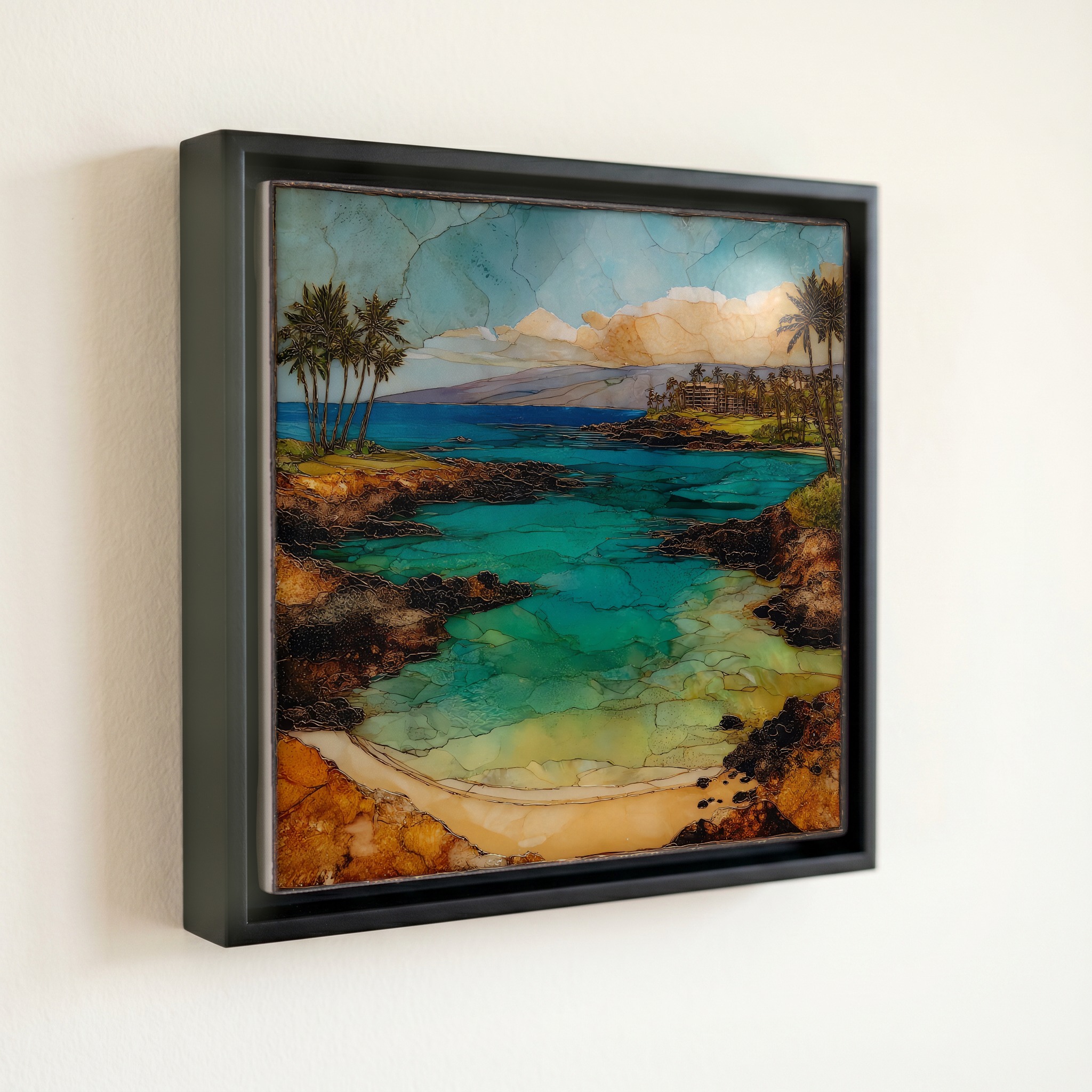 shown in a slim black floating frame · 6 × 6 in