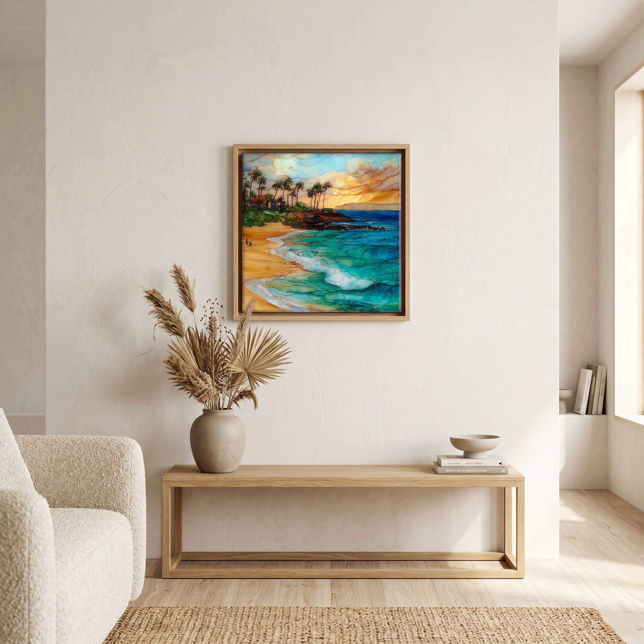 Above the bench, in a warm oak surround.
