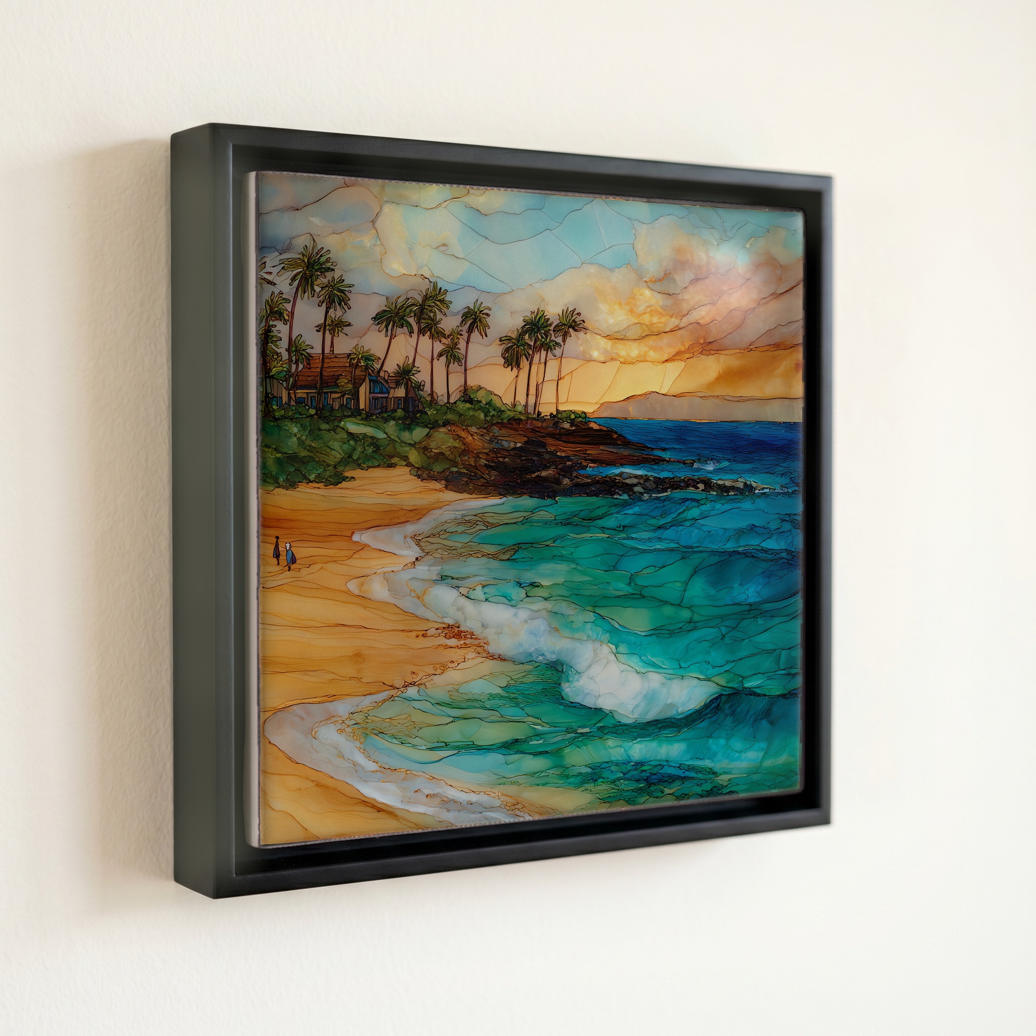 shown in a slim black floating frame · 6 × 6 in