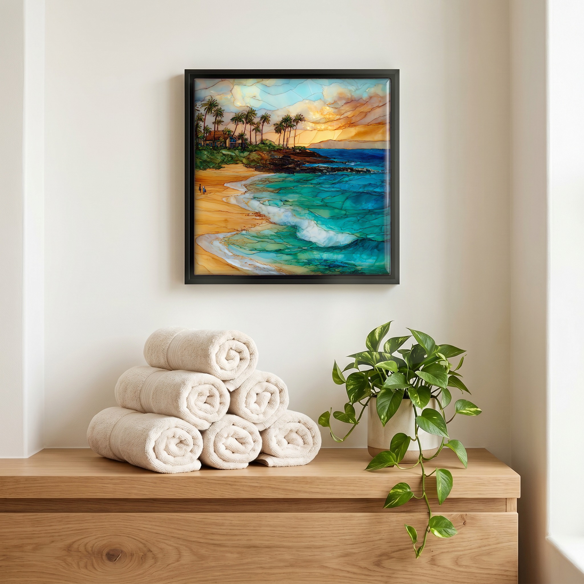Above the linens, in a slim black surround.