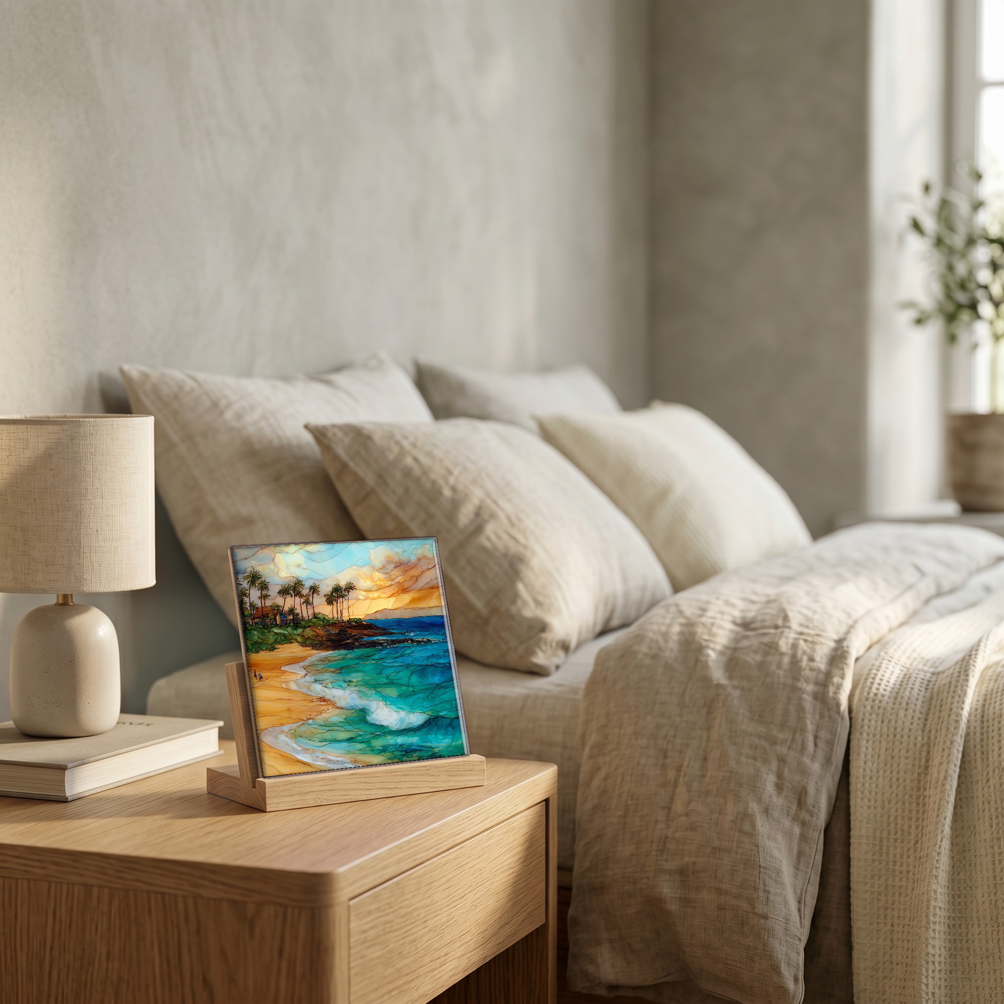 On the nightstand, on a light oak stand.