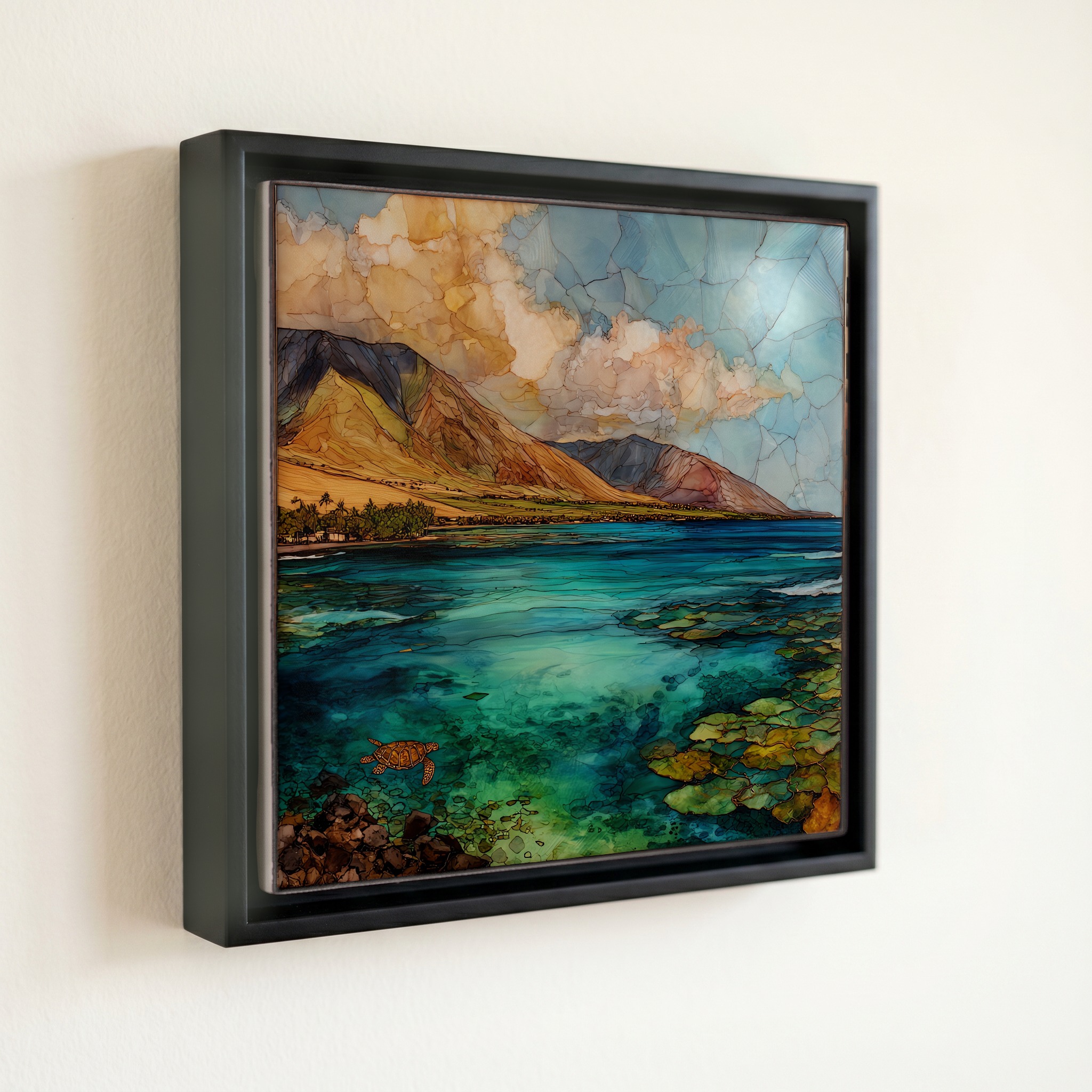 shown in a slim black floating frame · 6 × 6 in