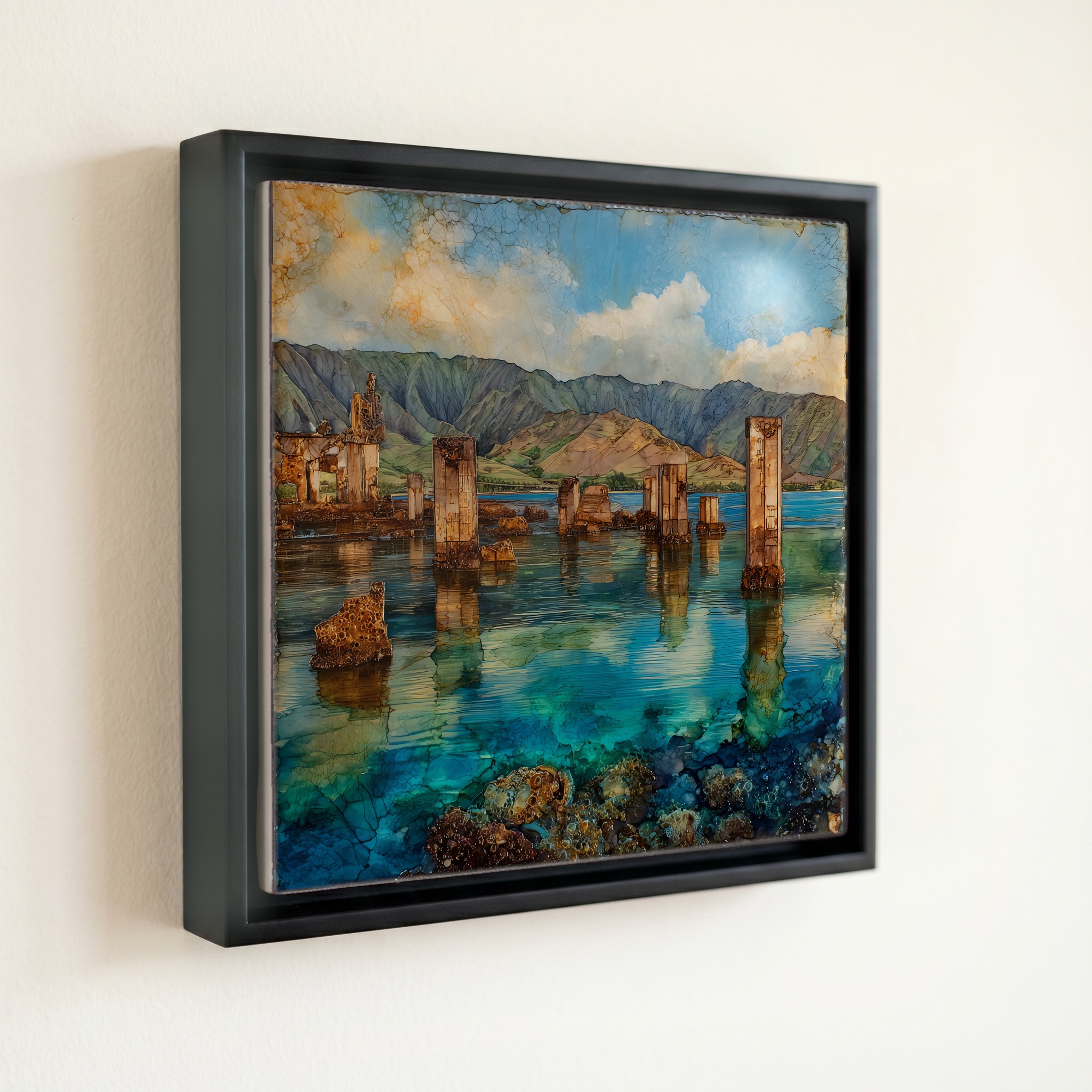 shown in a slim black floating frame · 6 × 6 in