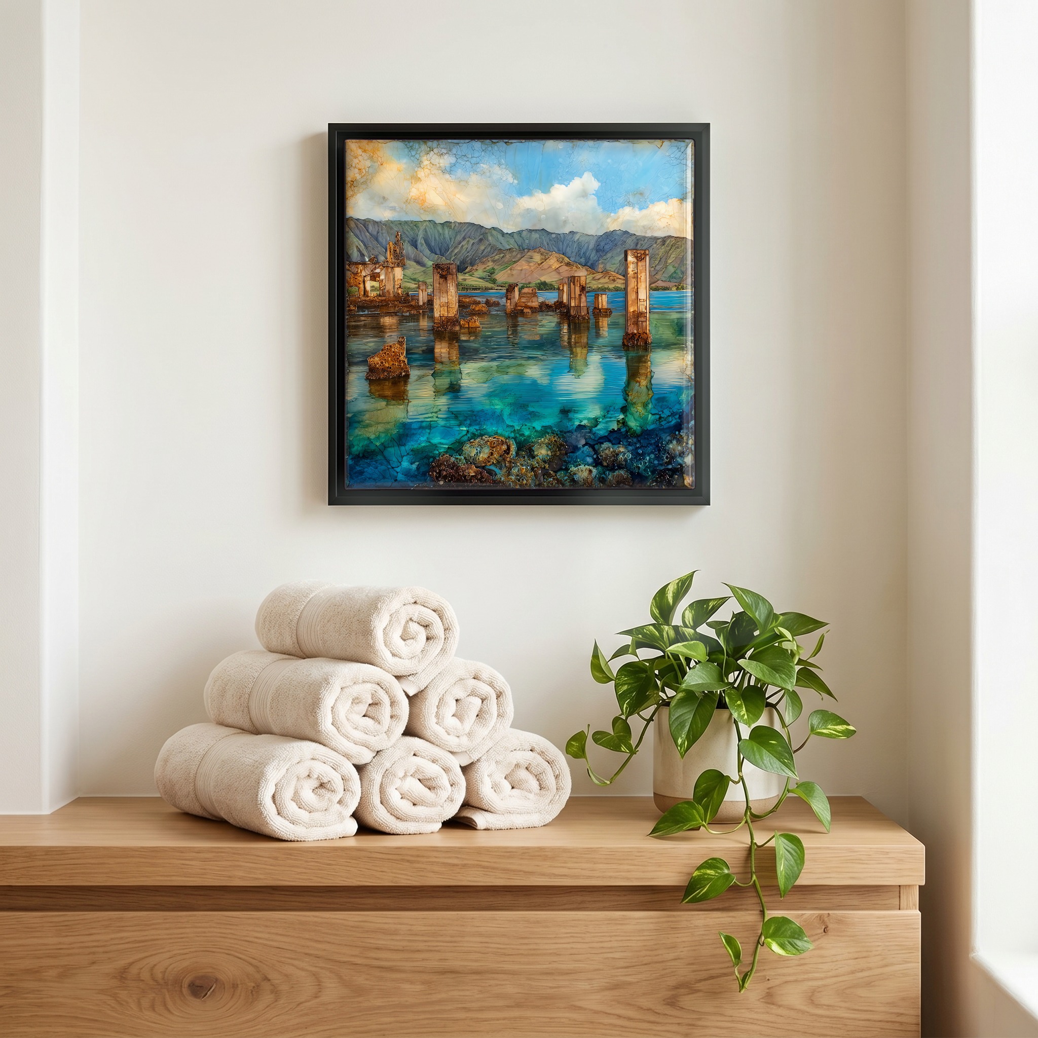 Above the linens, in a slim black surround.