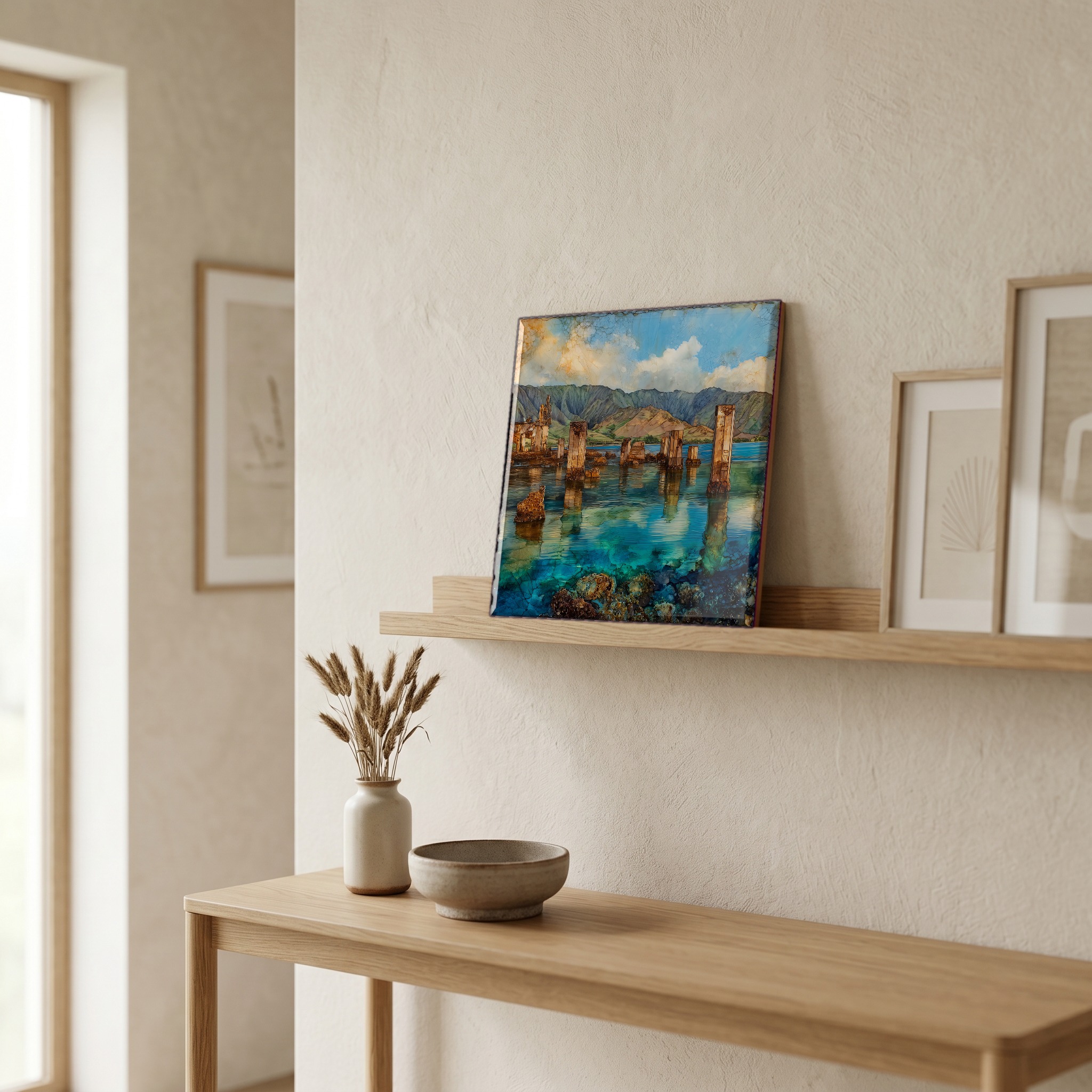 On a picture ledge, where the light comes in.