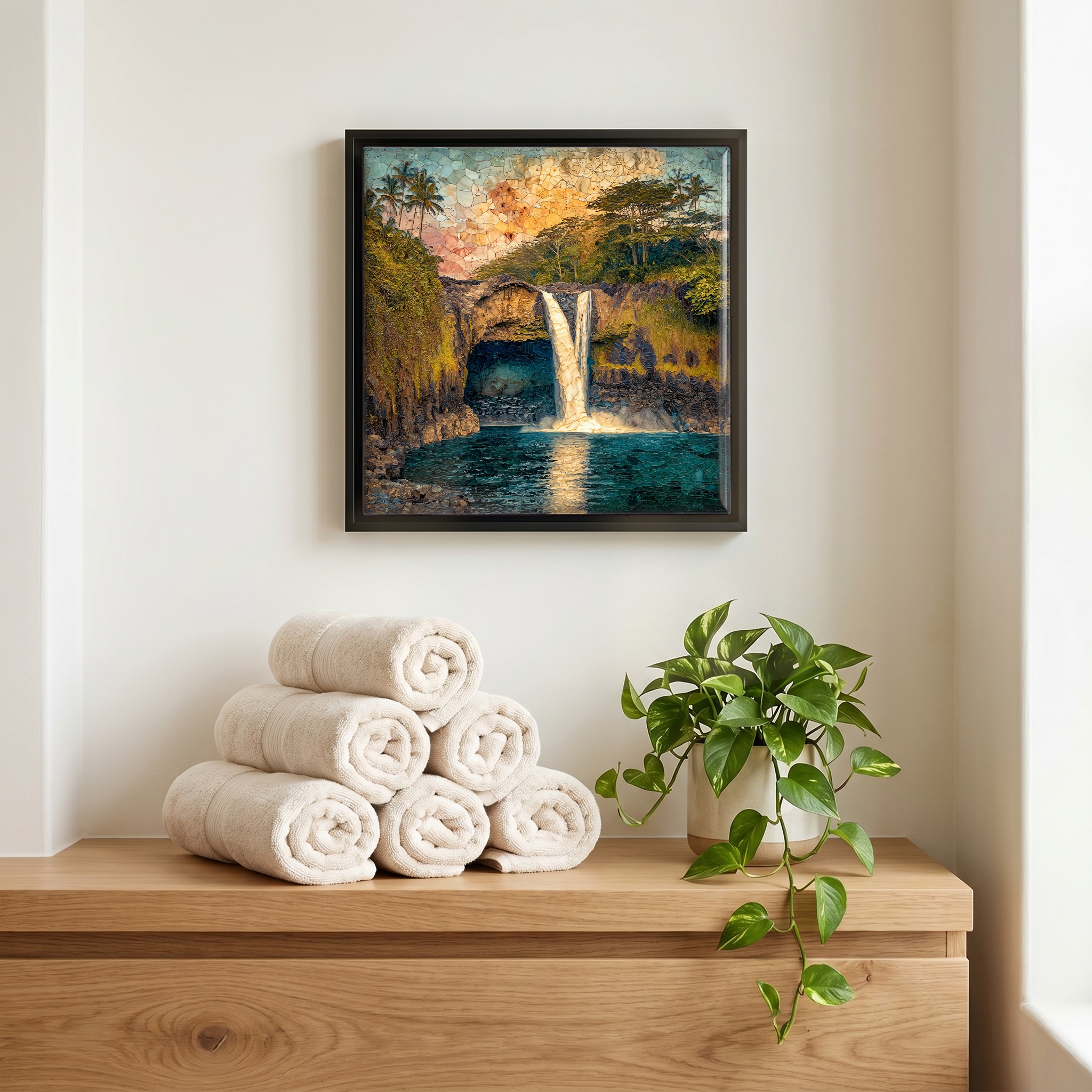 Above the linens, in a slim black surround.