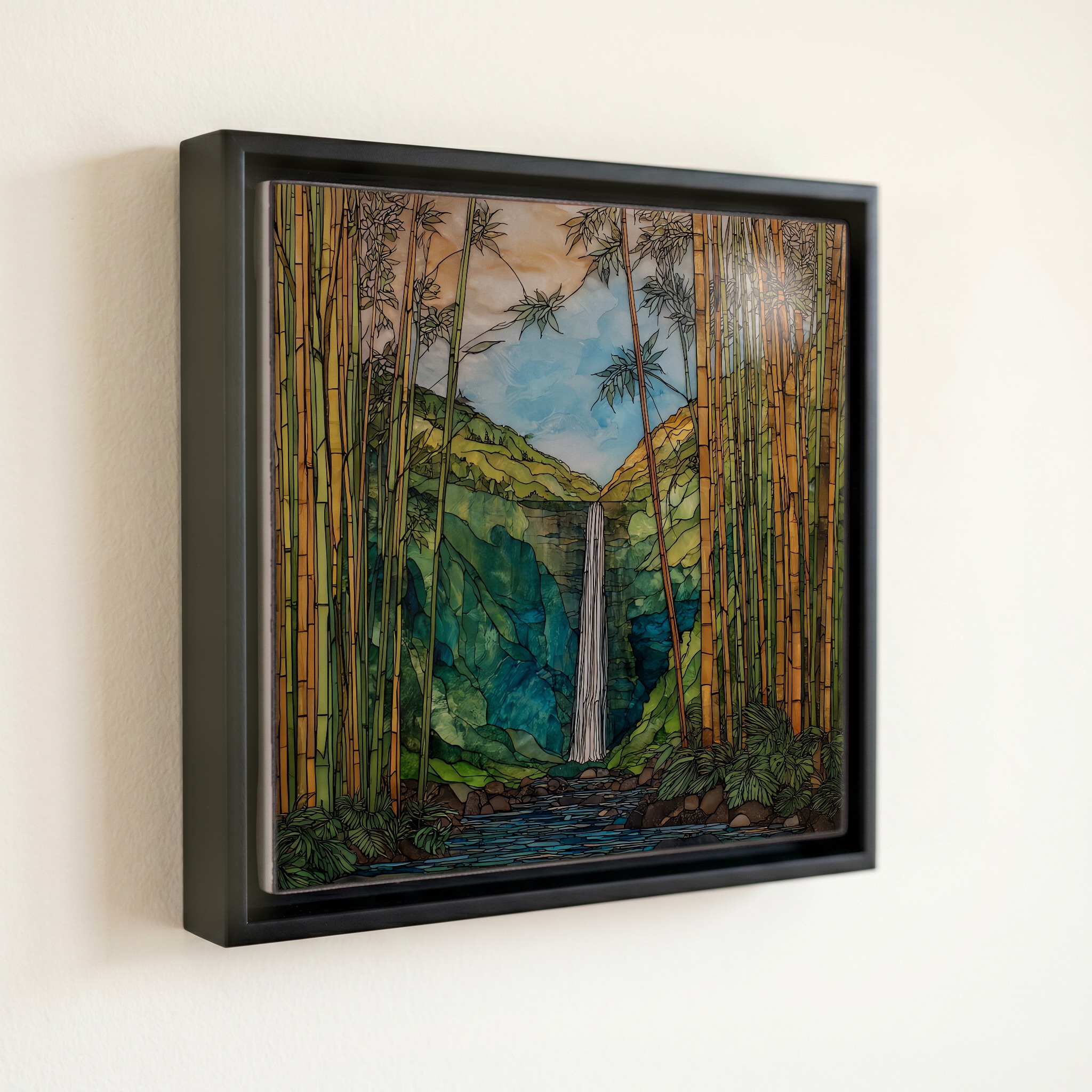 shown in a slim black floating frame · 6 × 6 in