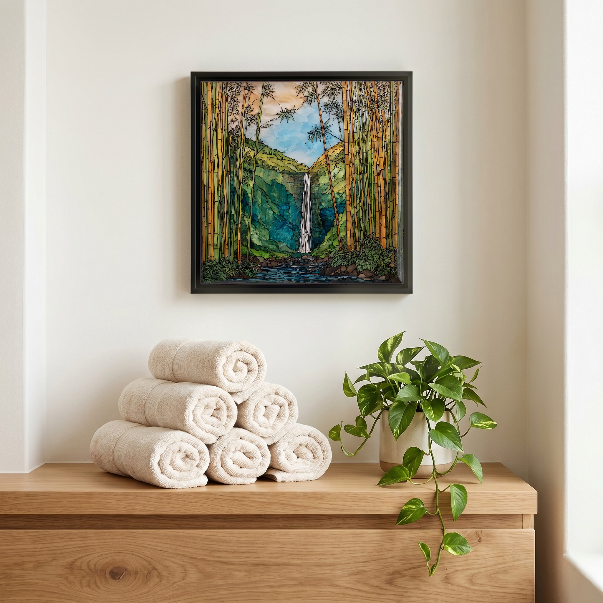 Above the linens, in a slim black surround.