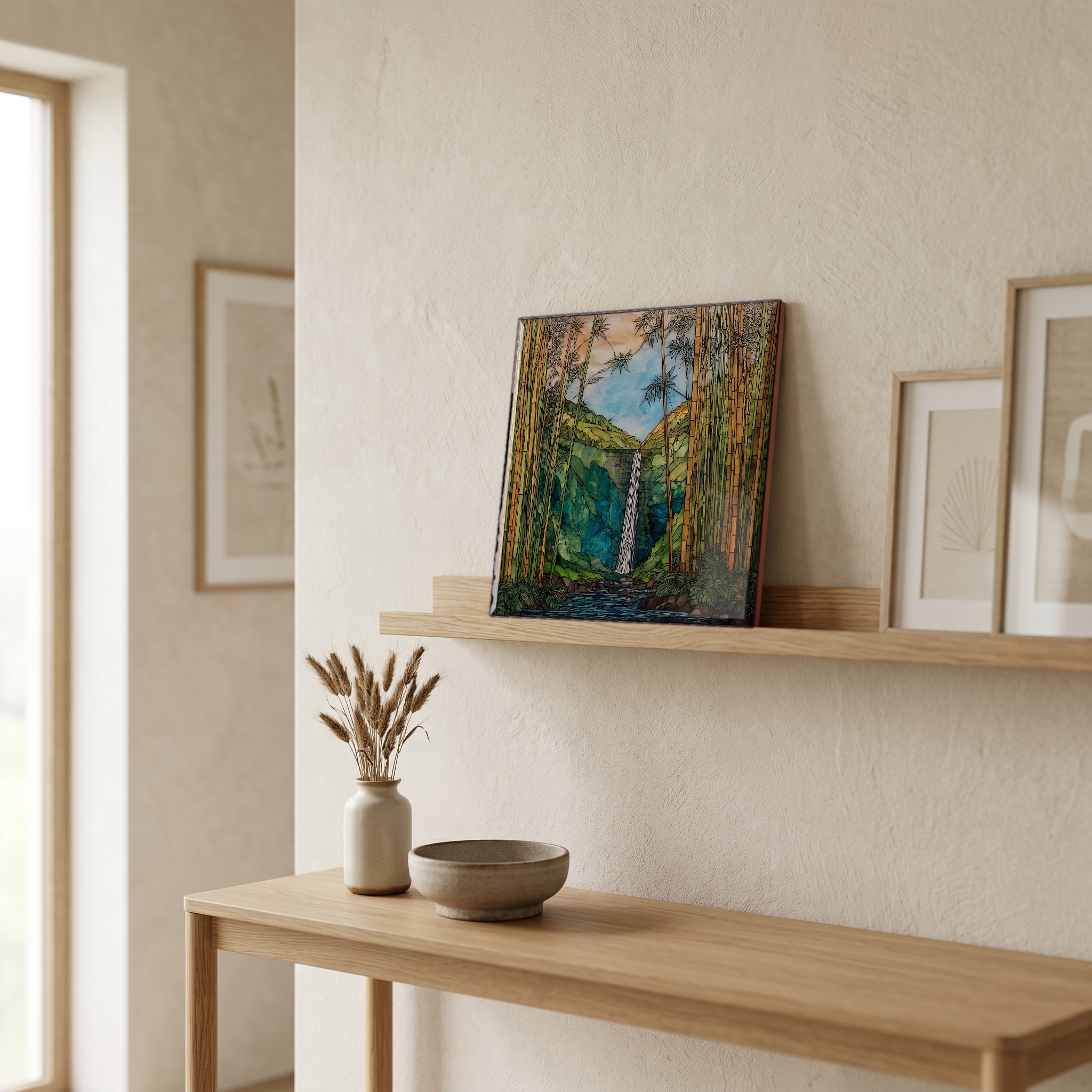 On a picture ledge, where the light comes in.