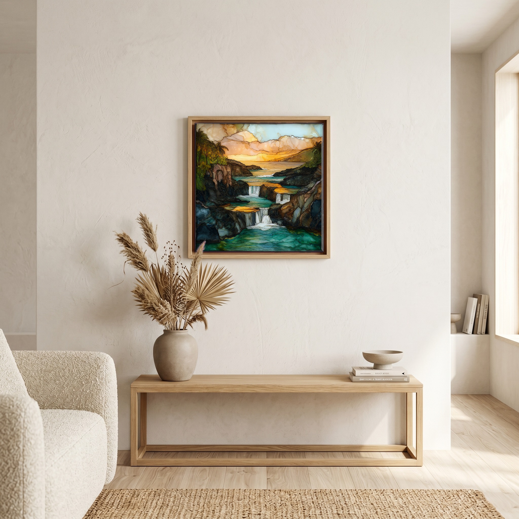 Above the bench, in a warm oak surround.