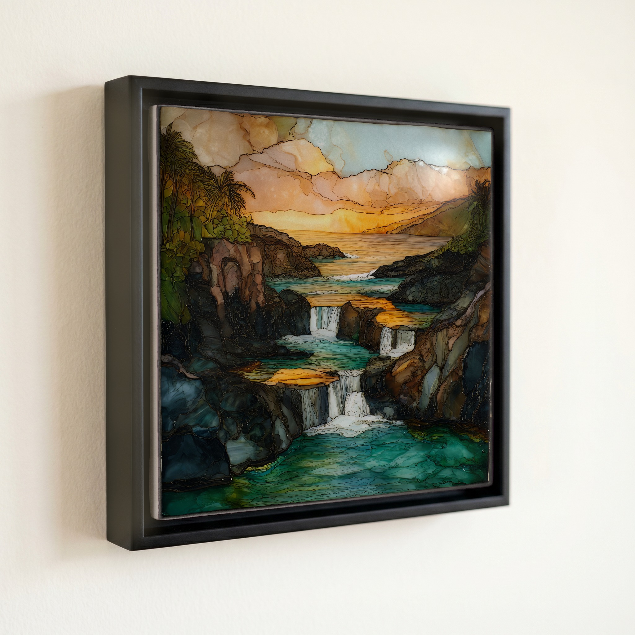 shown in a slim black floating frame · 6 × 6 in