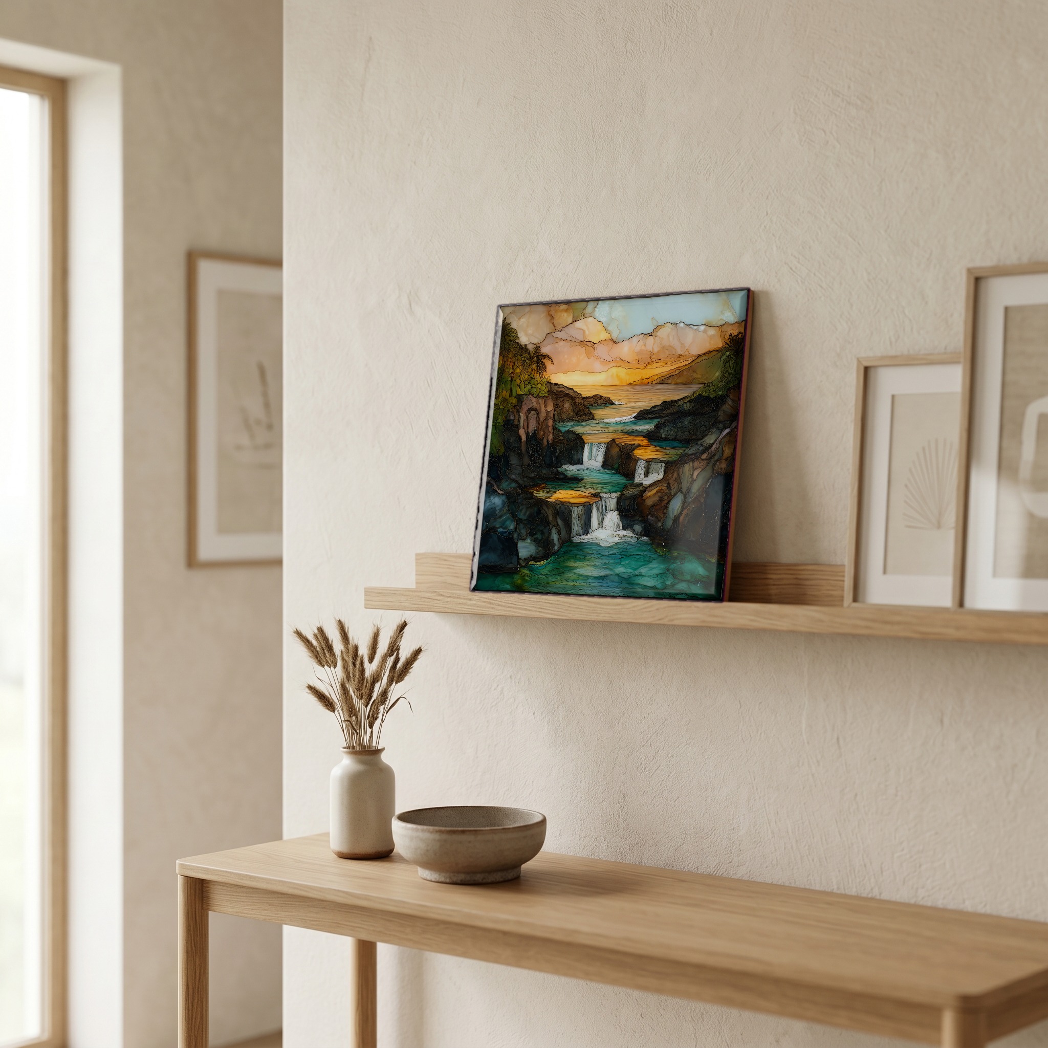 On a picture ledge, where the light comes in.
