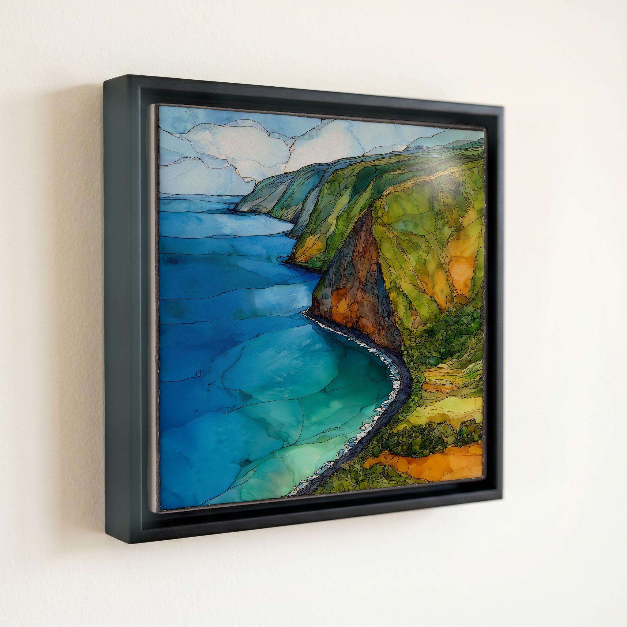 shown in a slim black floating frame · 6 × 6 in