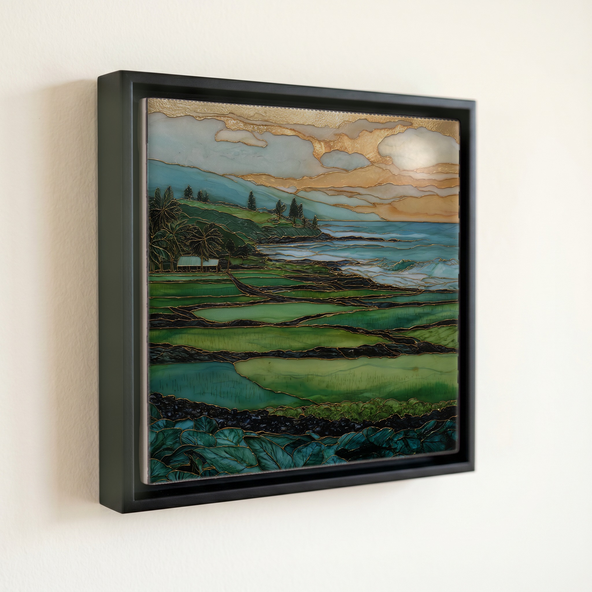 shown in a slim black floating frame · 6 × 6 in