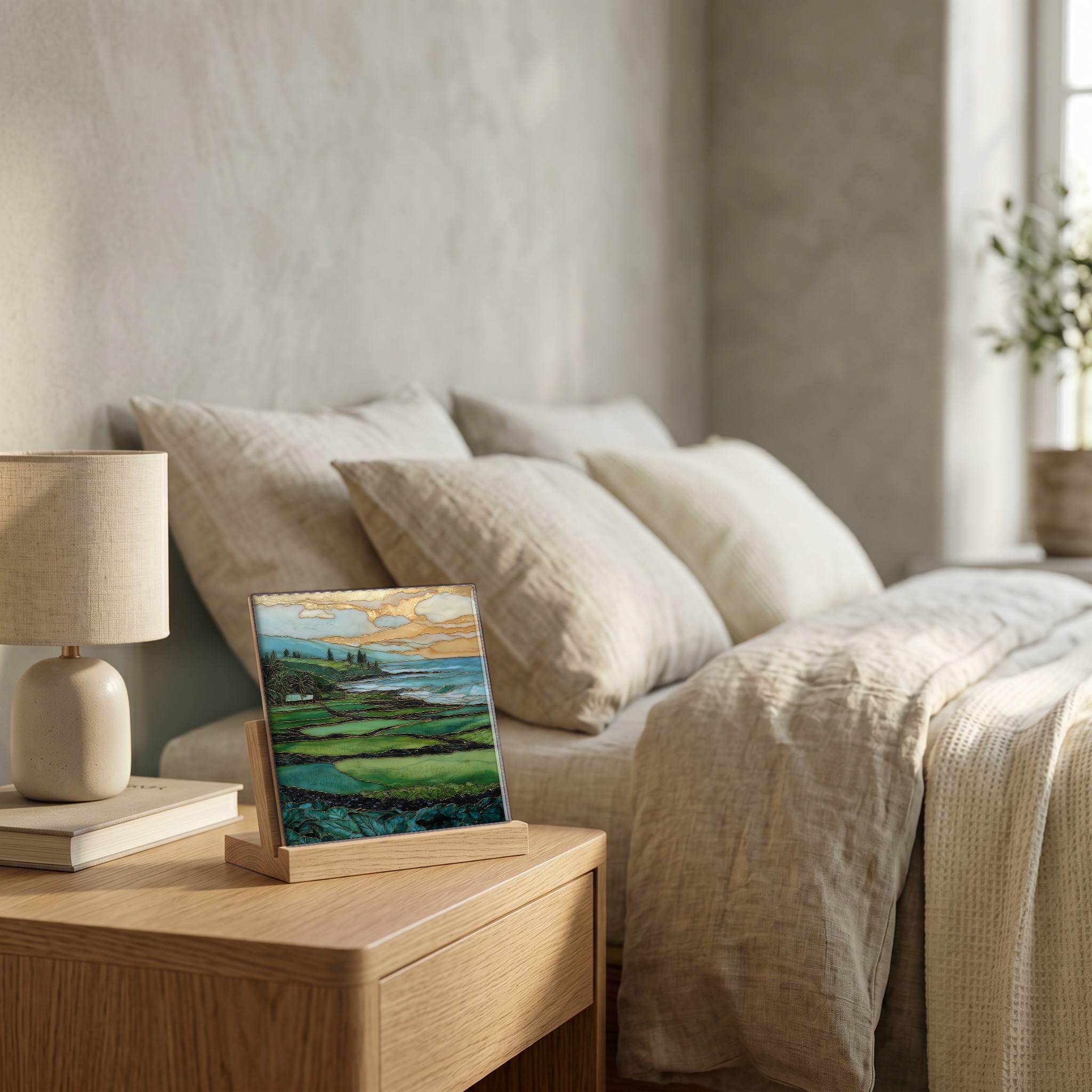 On the nightstand, on a light oak stand.