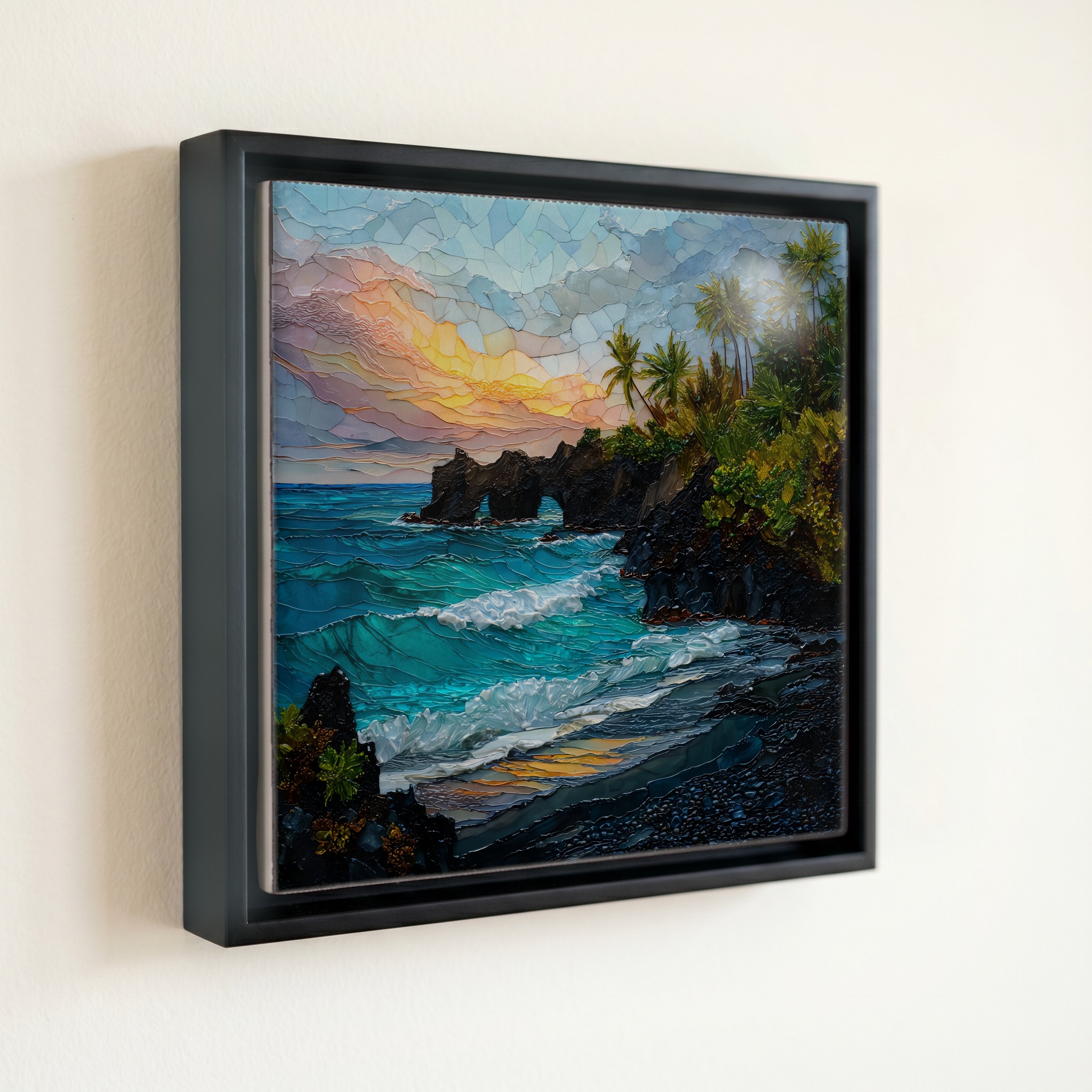 shown in a slim black floating frame · 6 × 6 in