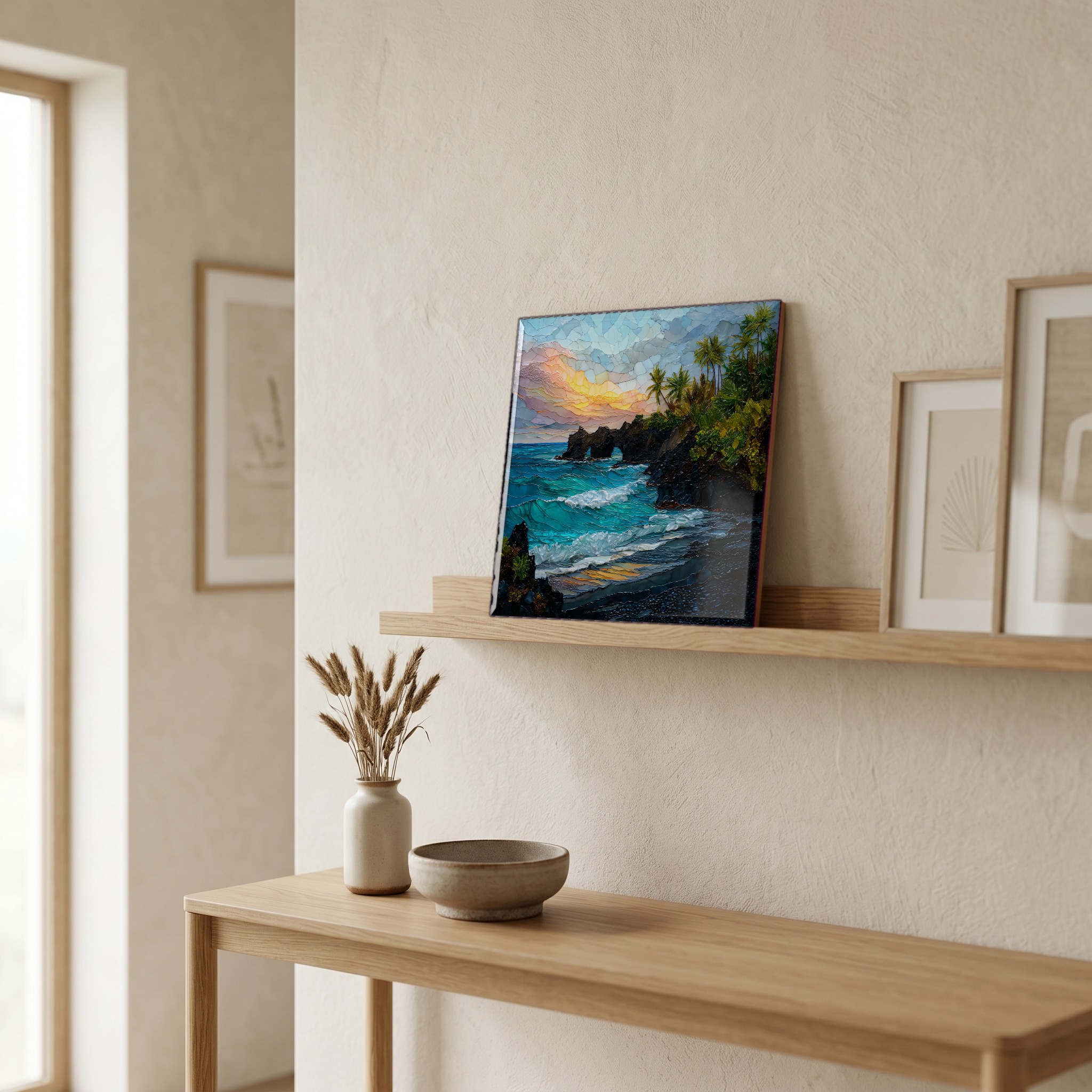 On a picture ledge, where the light comes in.