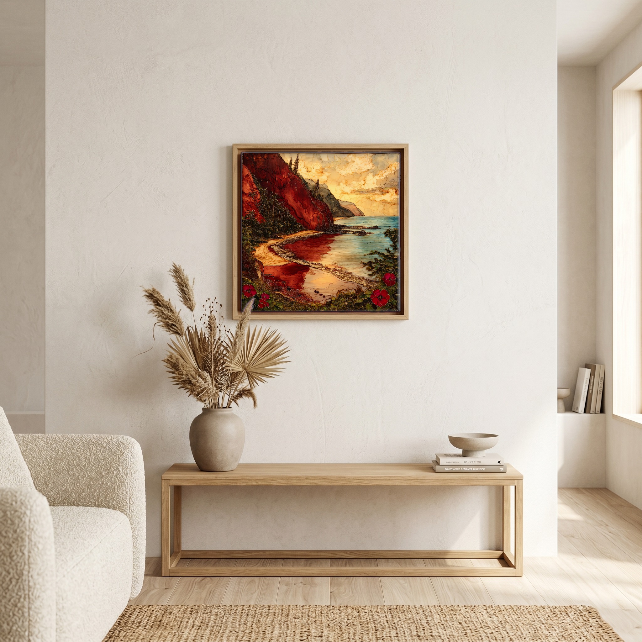 Above the bench, in a warm oak surround.