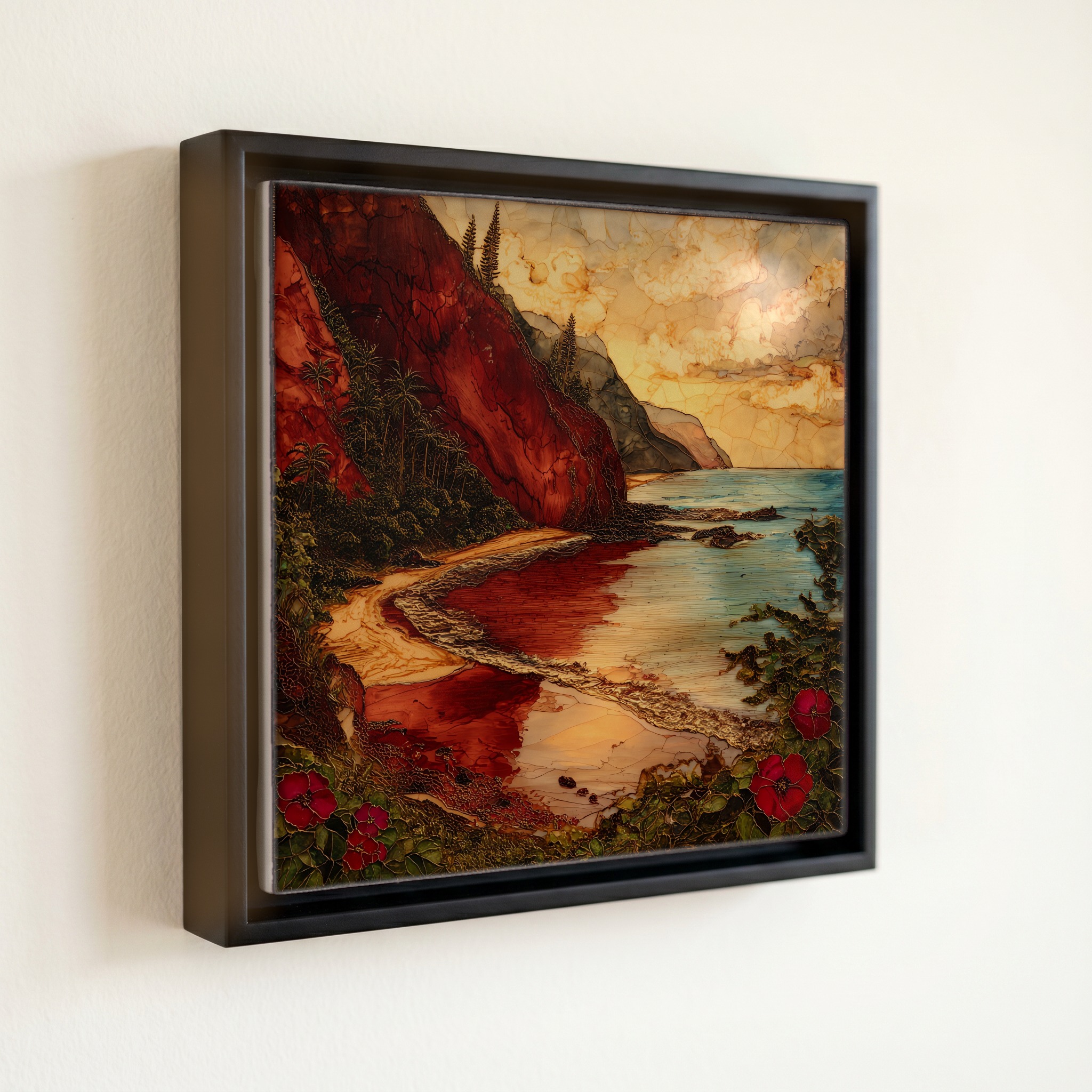 shown in a slim black floating frame · 6 × 6 in