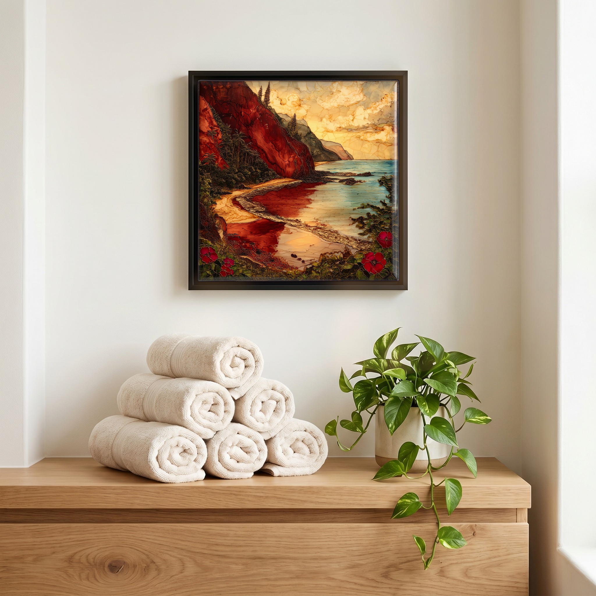 Above the linens, in a slim black surround.