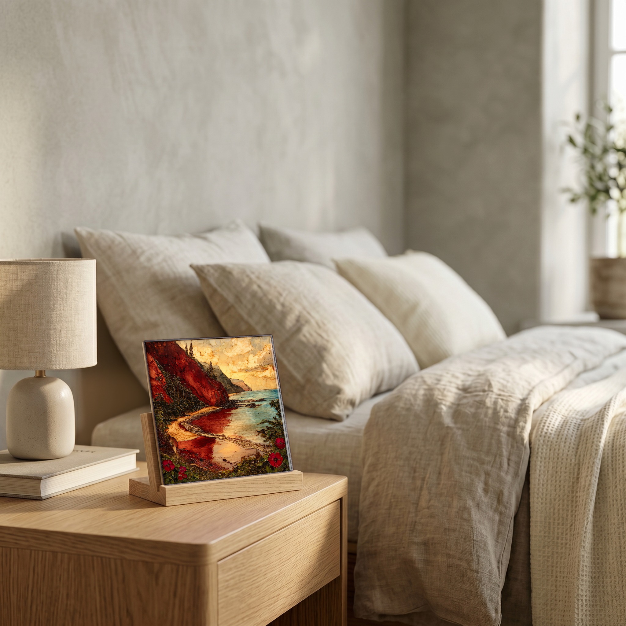 On the nightstand, on a light oak stand.