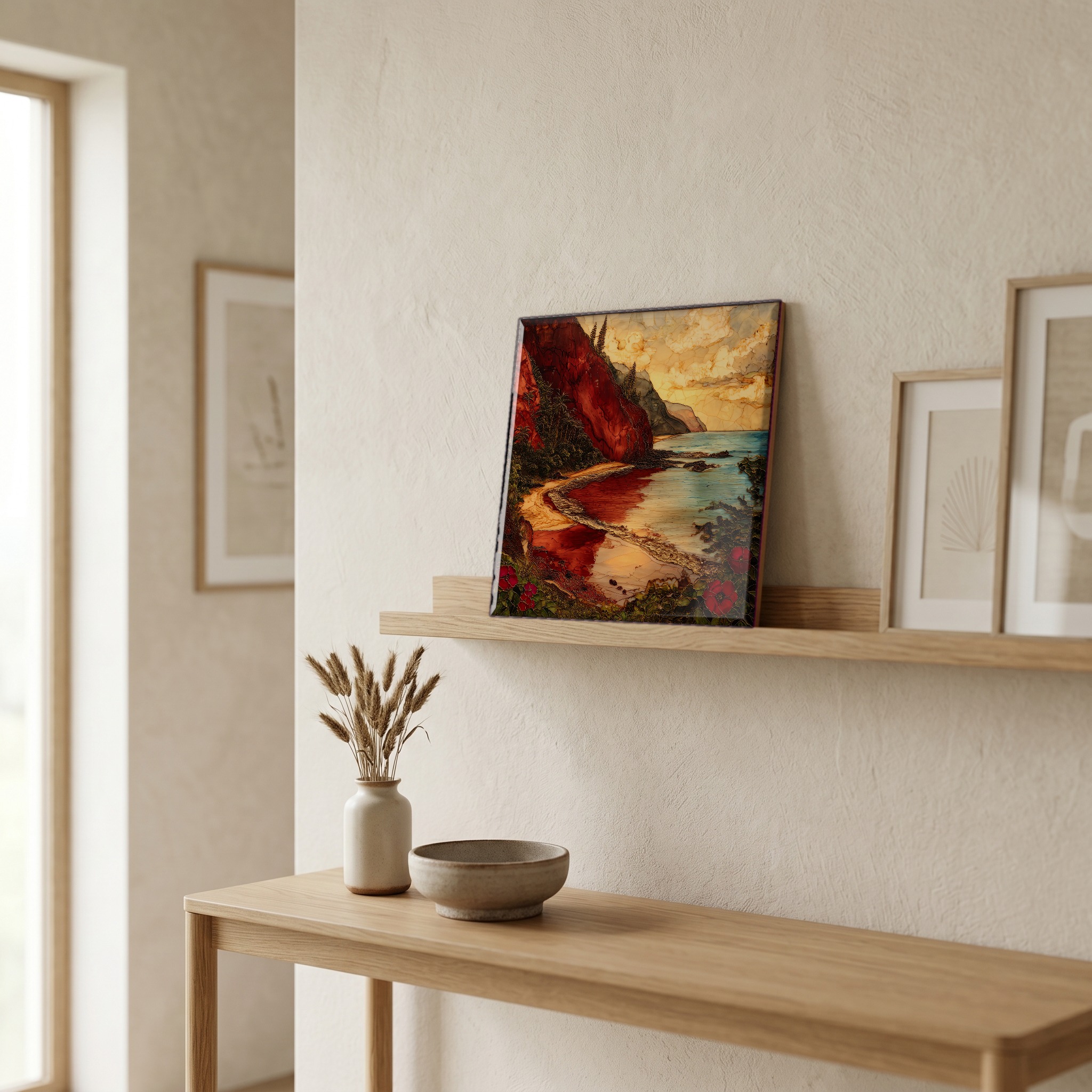 On a picture ledge, where the light comes in.