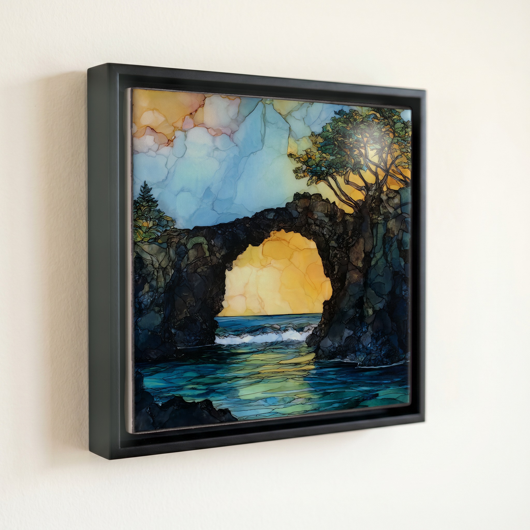 shown in a slim black floating frame · 6 × 6 in