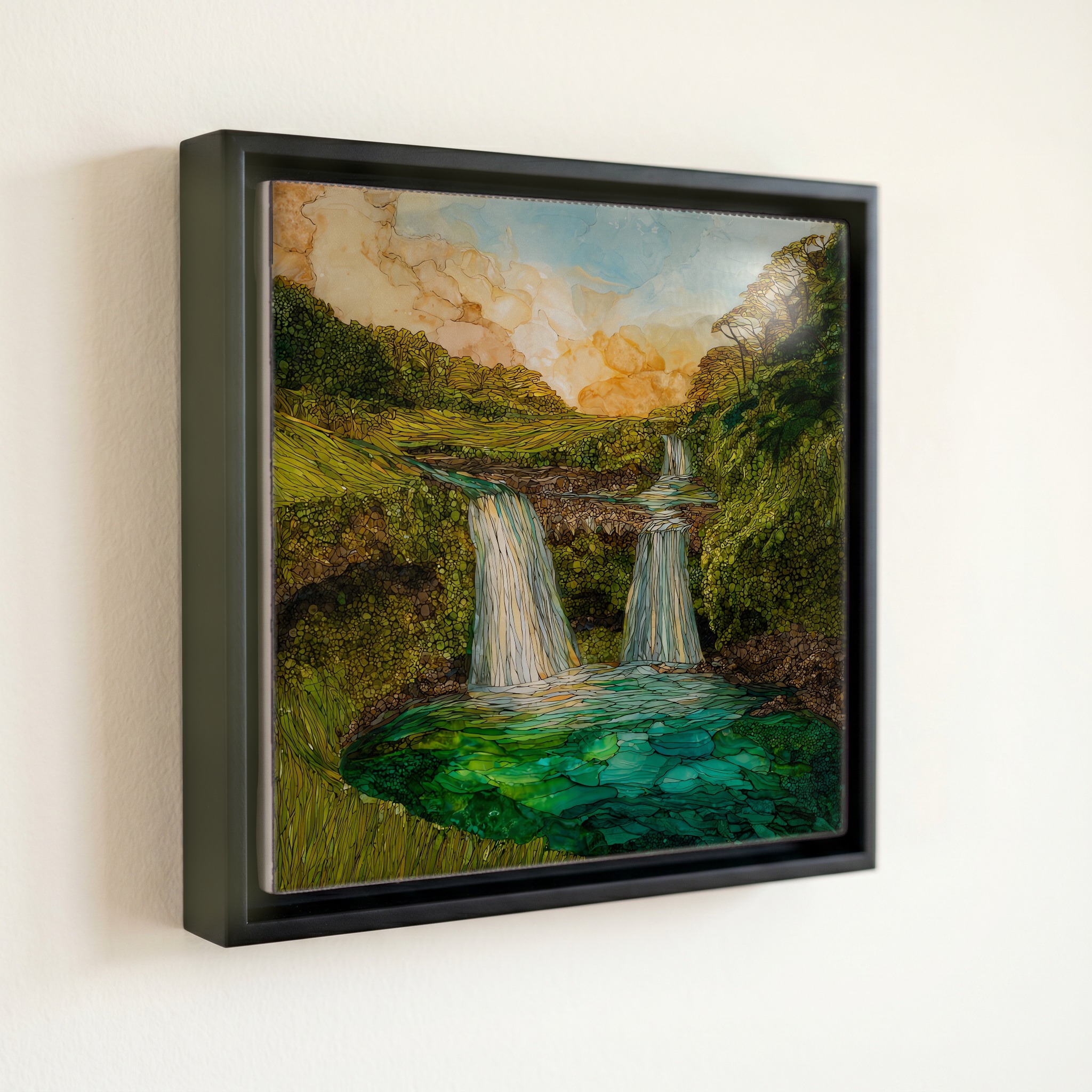 shown in a slim black floating frame · 6 × 6 in