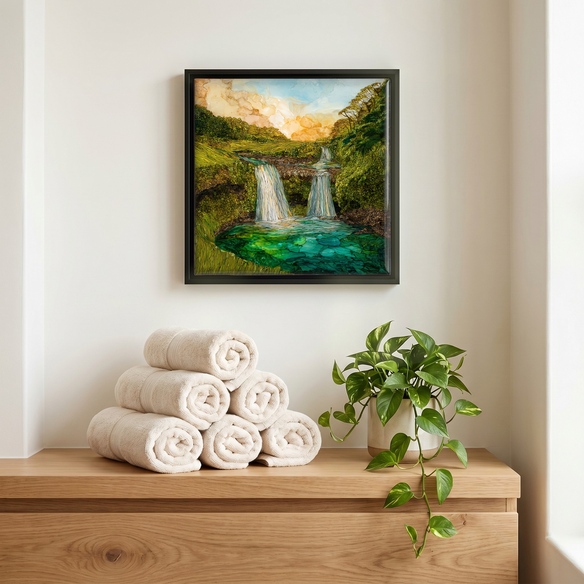 Above the linens, in a slim black surround.