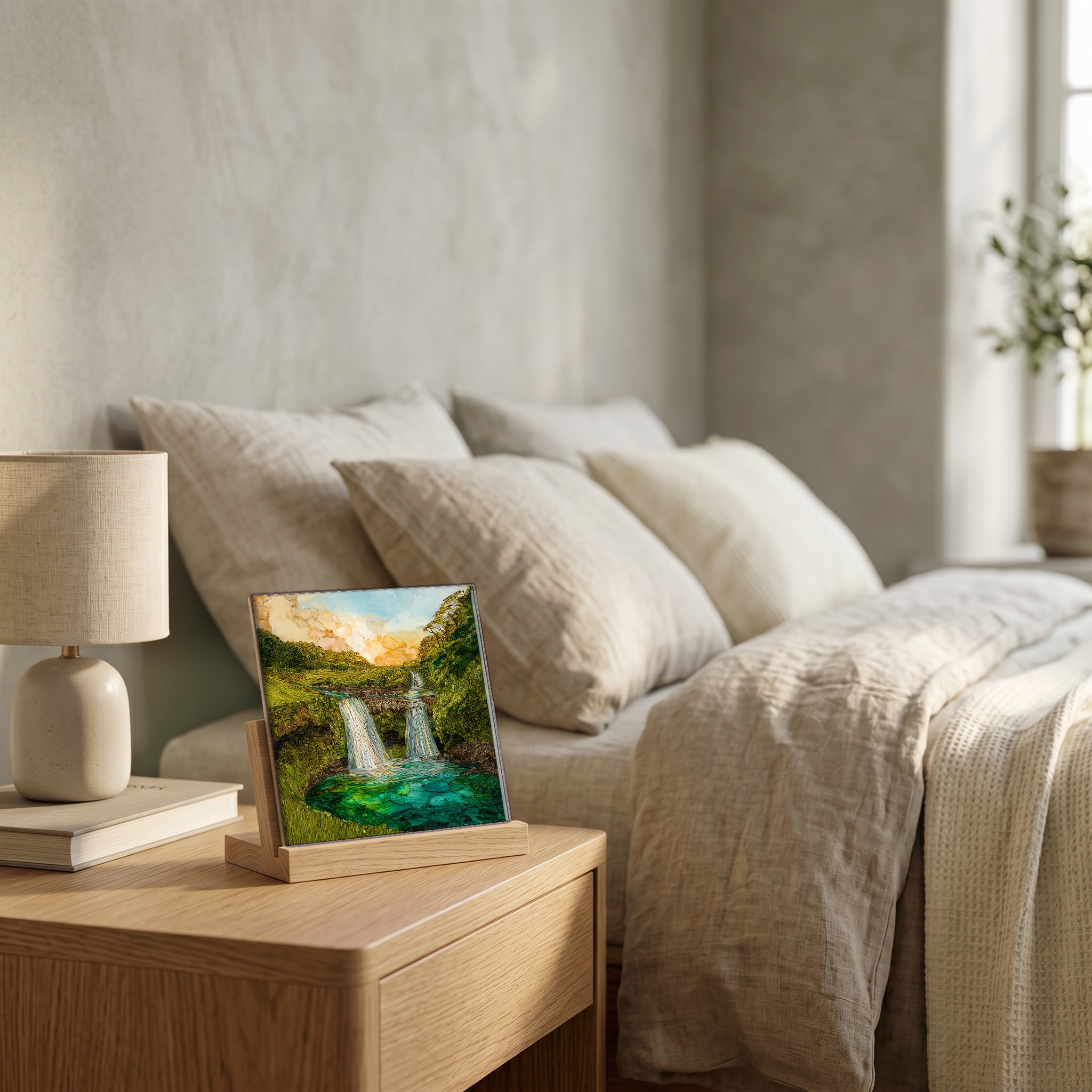 On the nightstand, on a light oak stand.
