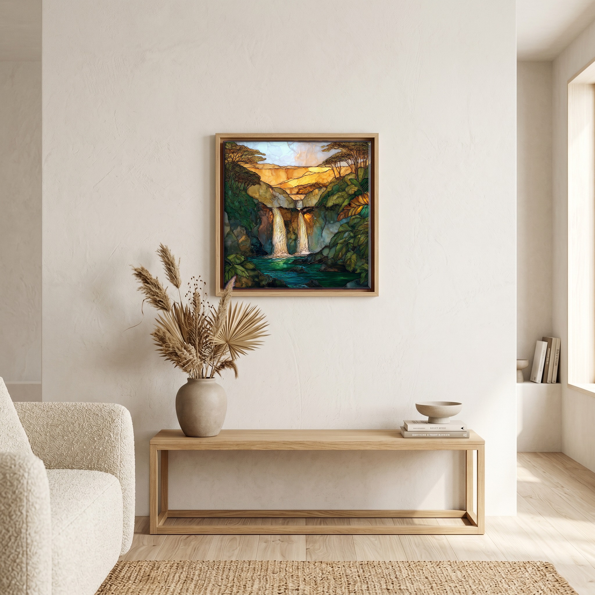 Above the bench, in a warm oak surround.