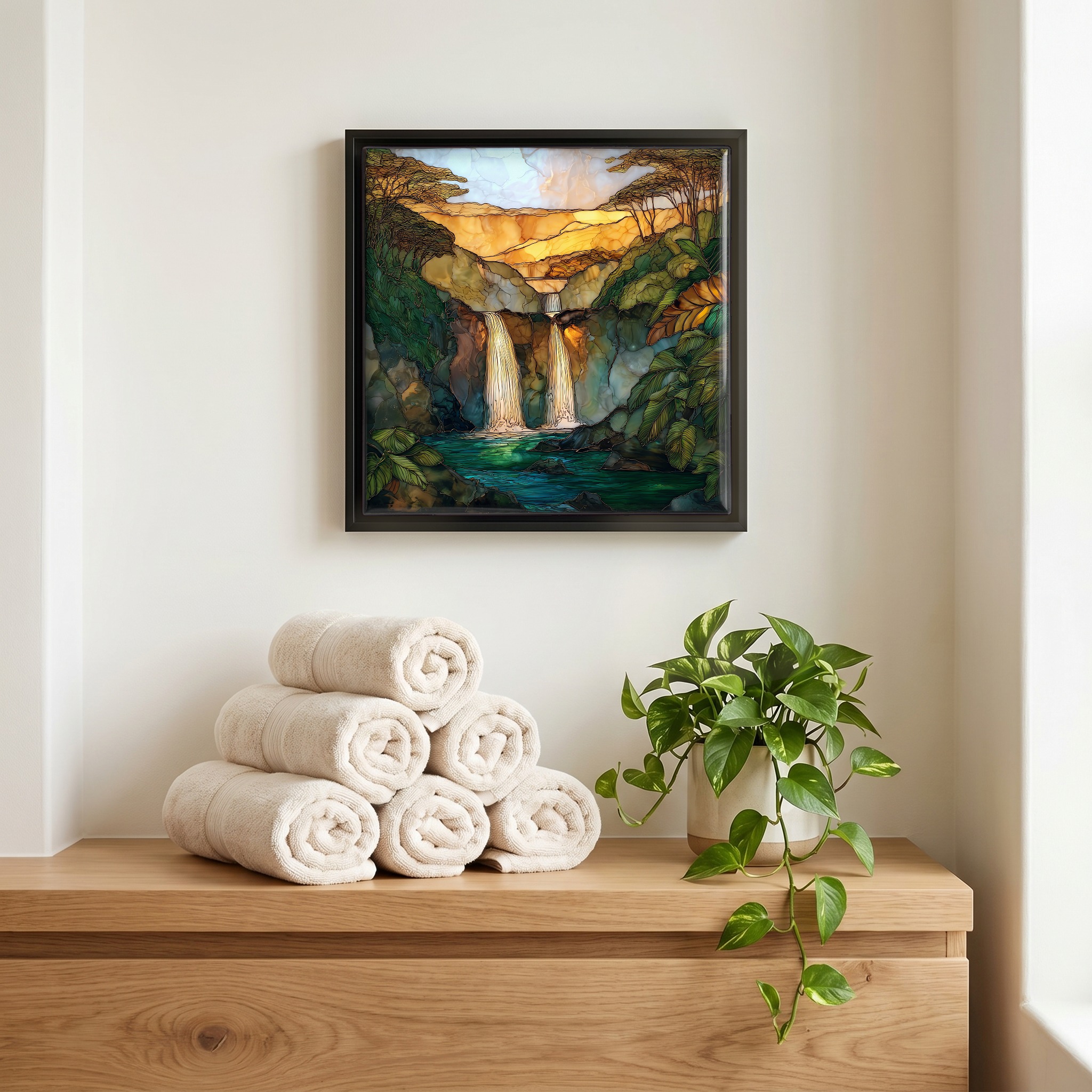 Above the linens, in a slim black surround.