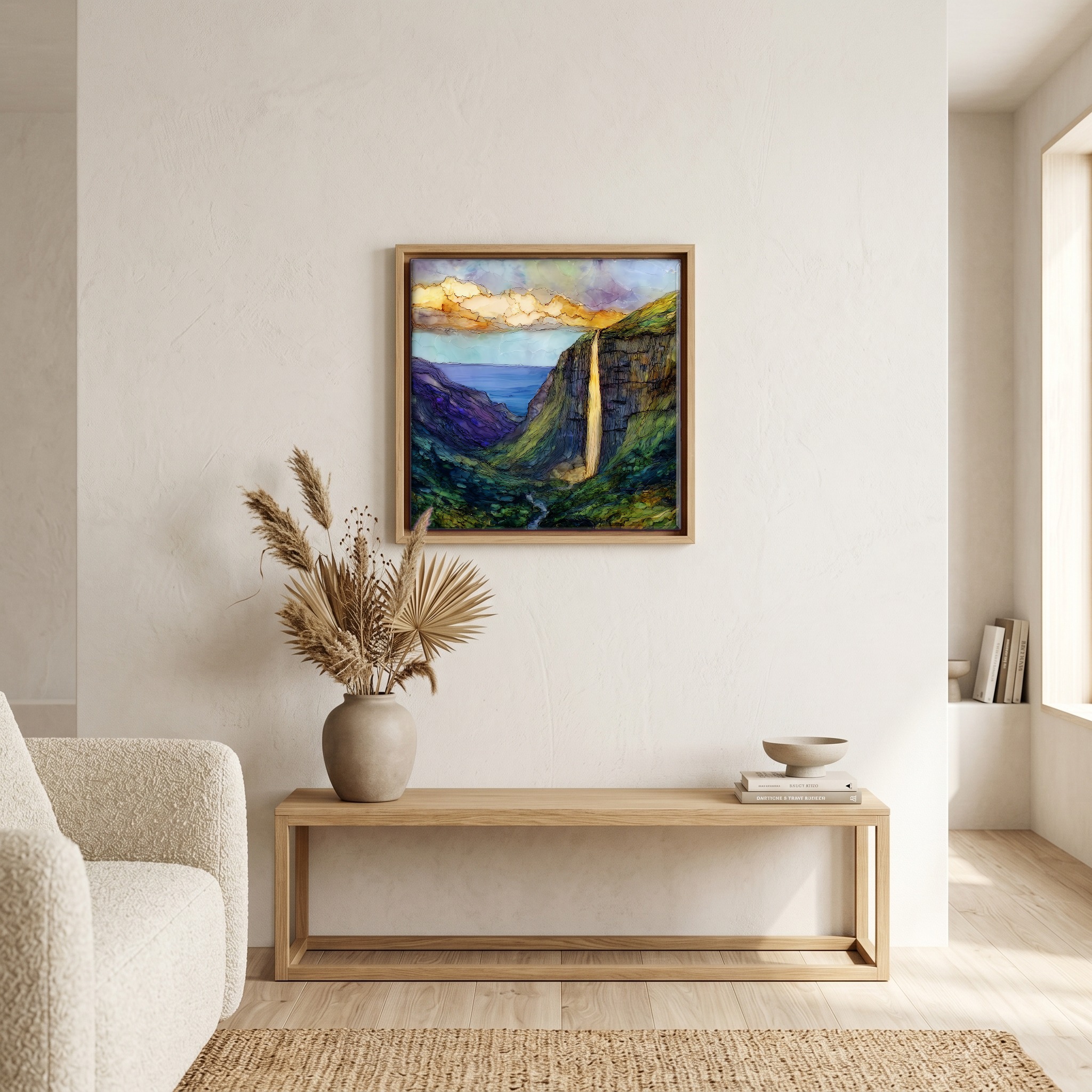 Above the bench, in a warm oak surround.