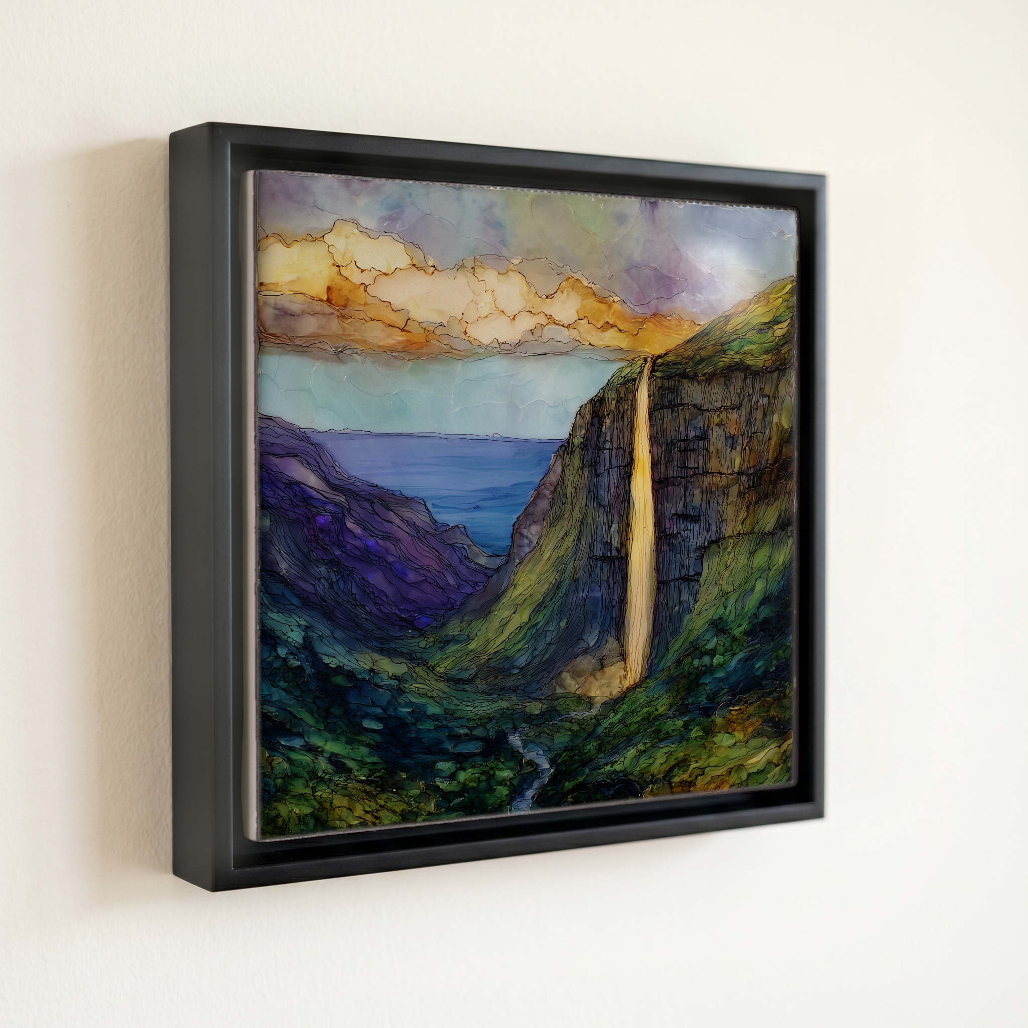 shown in a slim black floating frame · 6 × 6 in