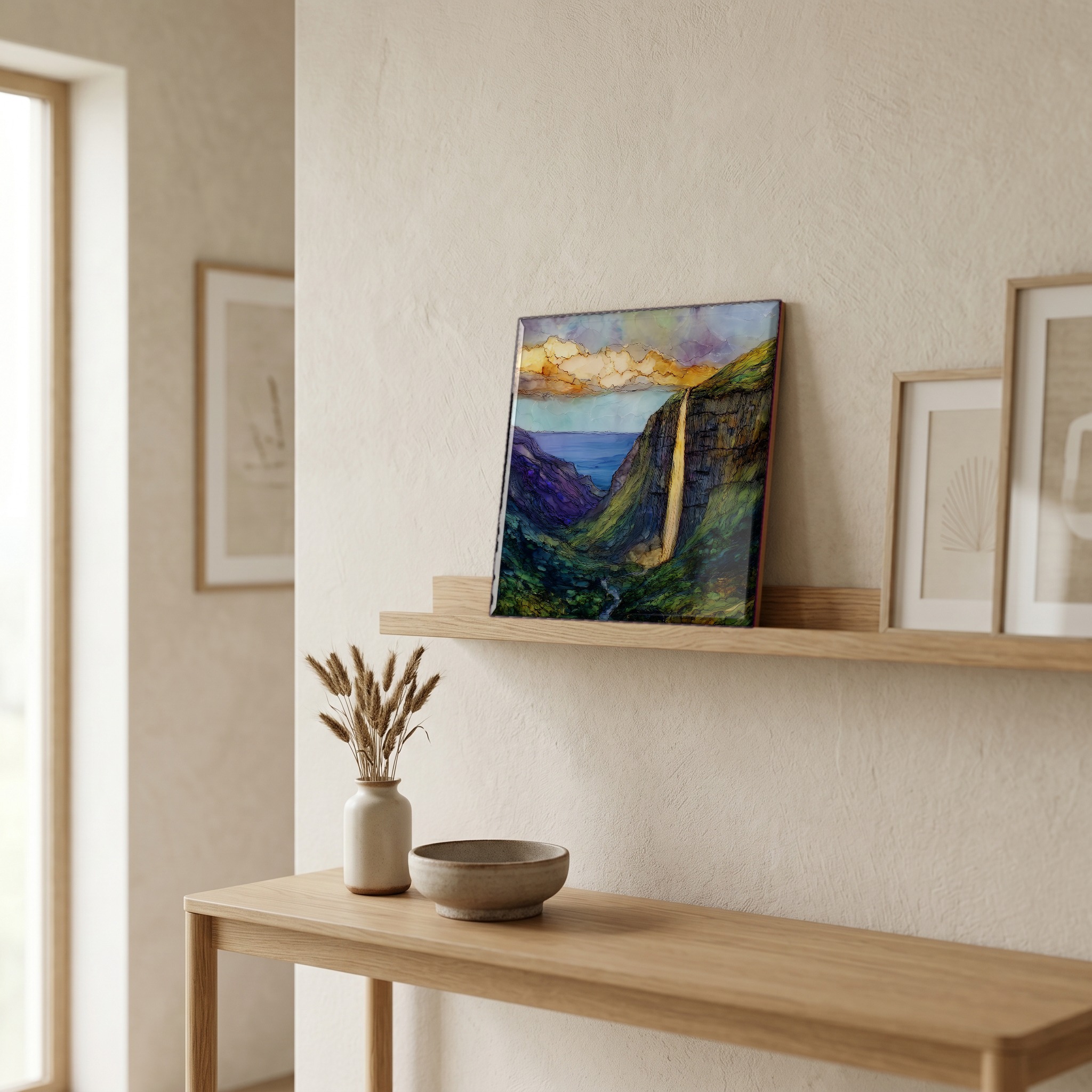 On a picture ledge, where the light comes in.