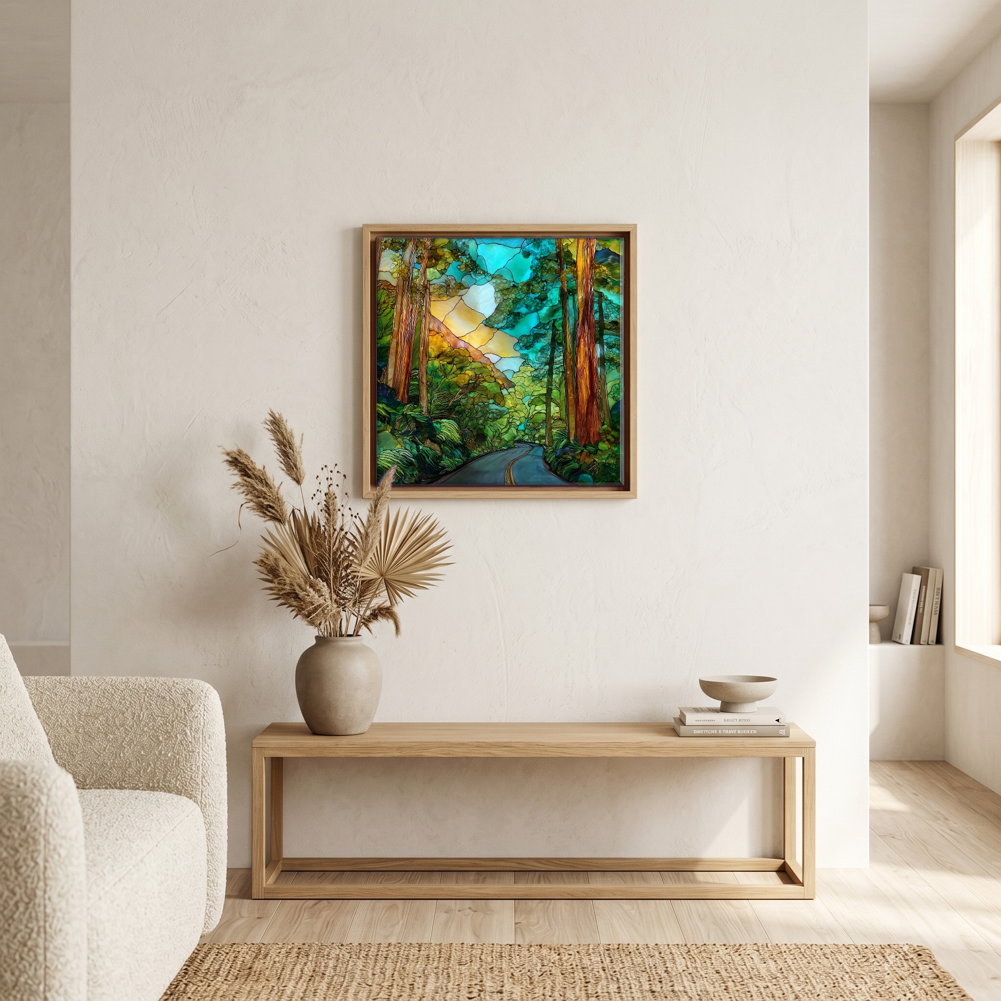 Above the bench, in a warm oak surround.