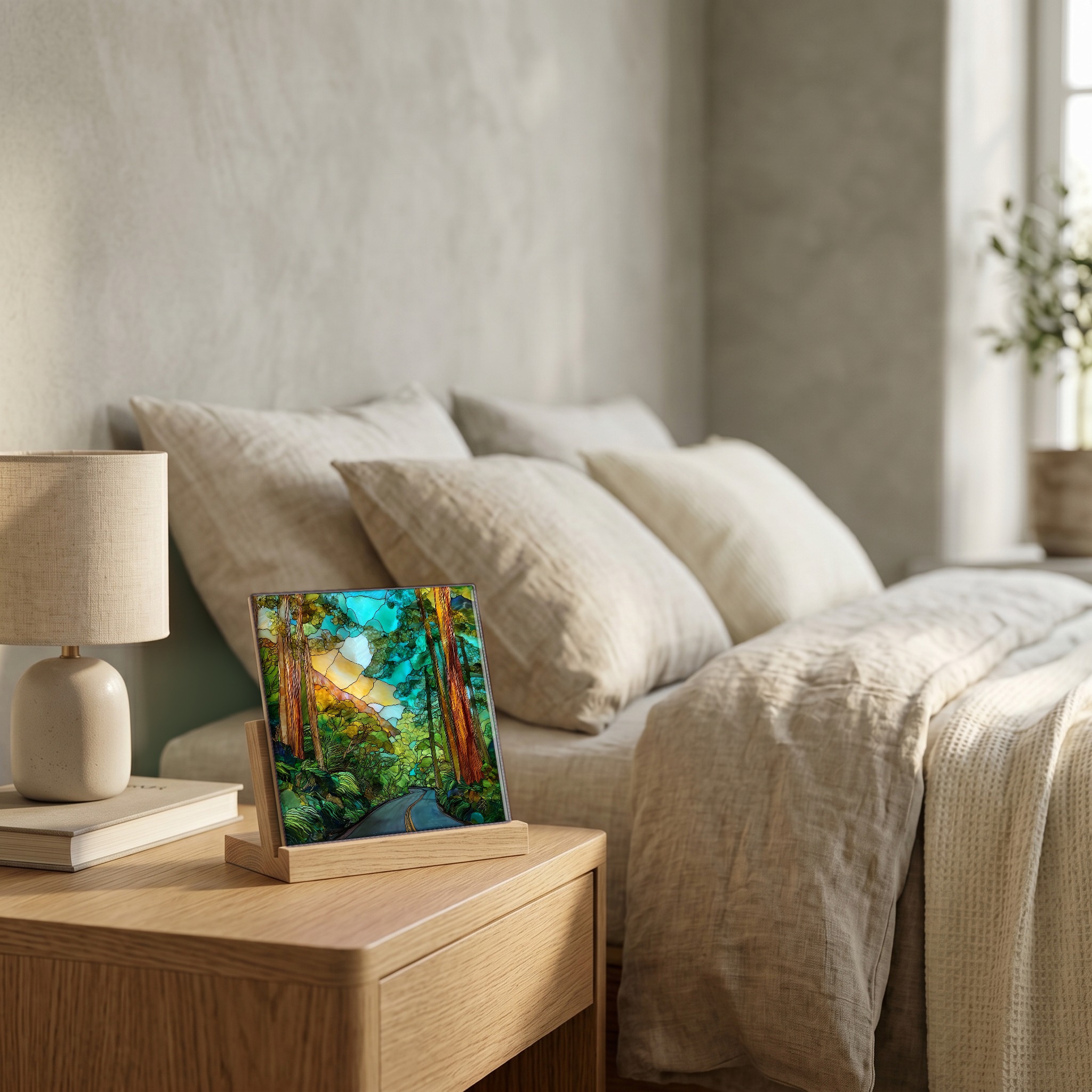 On the nightstand, on a light oak stand.