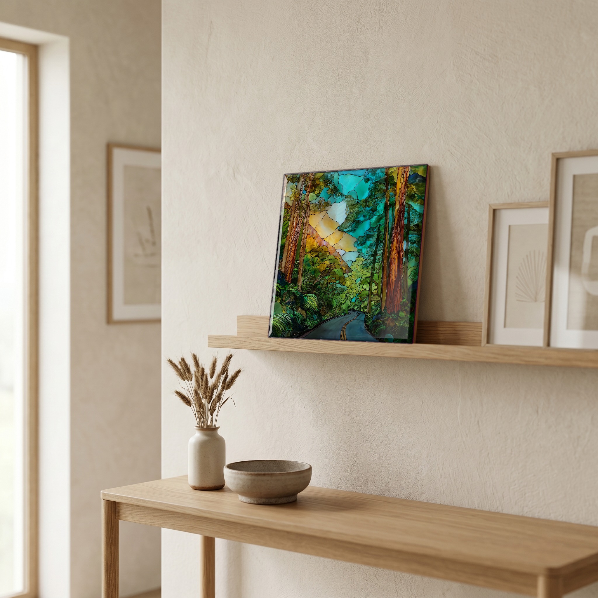 On a picture ledge, where the light comes in.