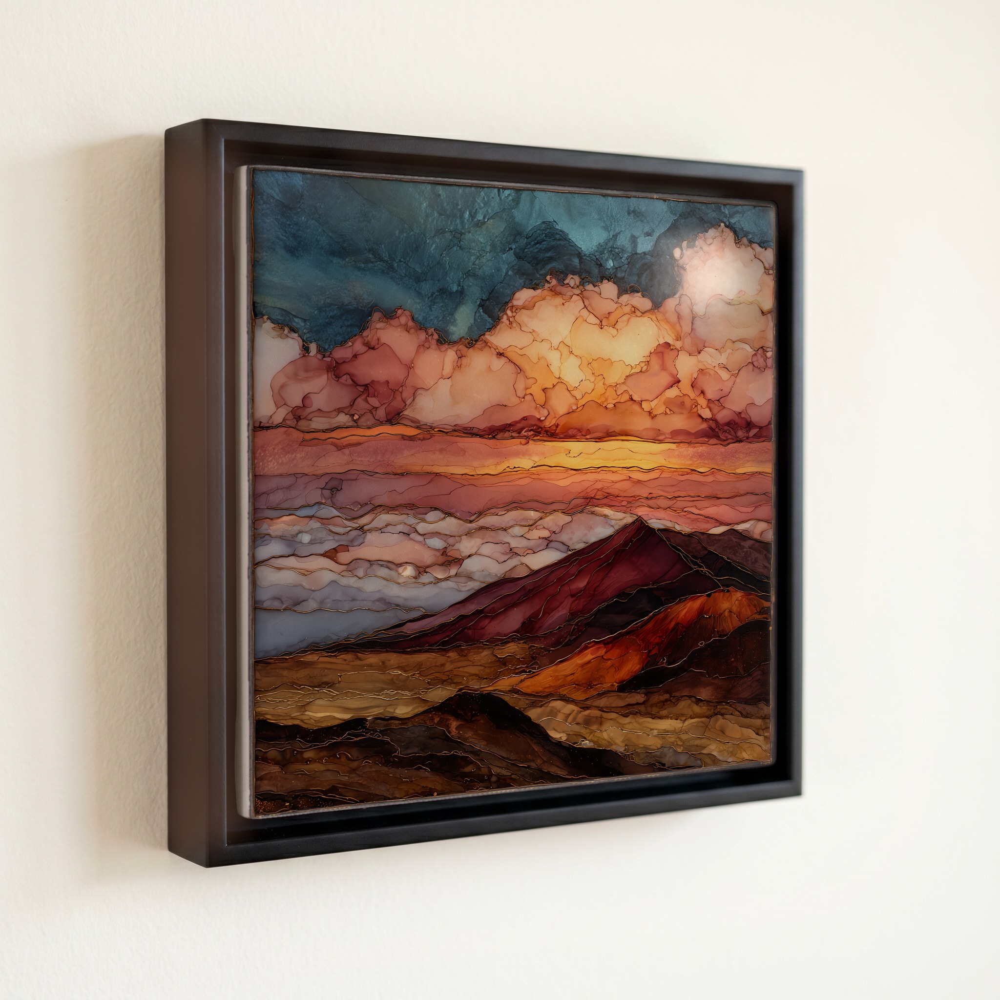 shown in a slim black floating frame · 6 × 6 in