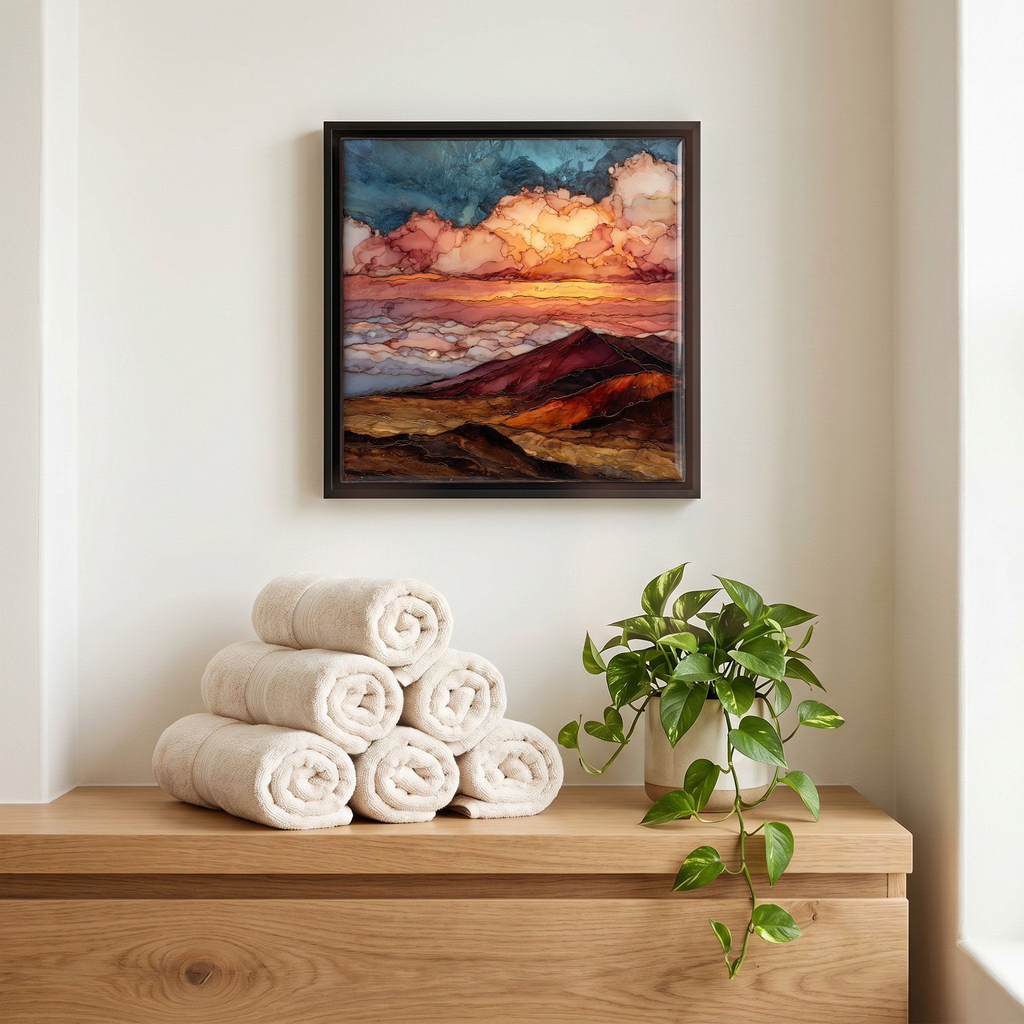 Above the linens, in a slim black surround.