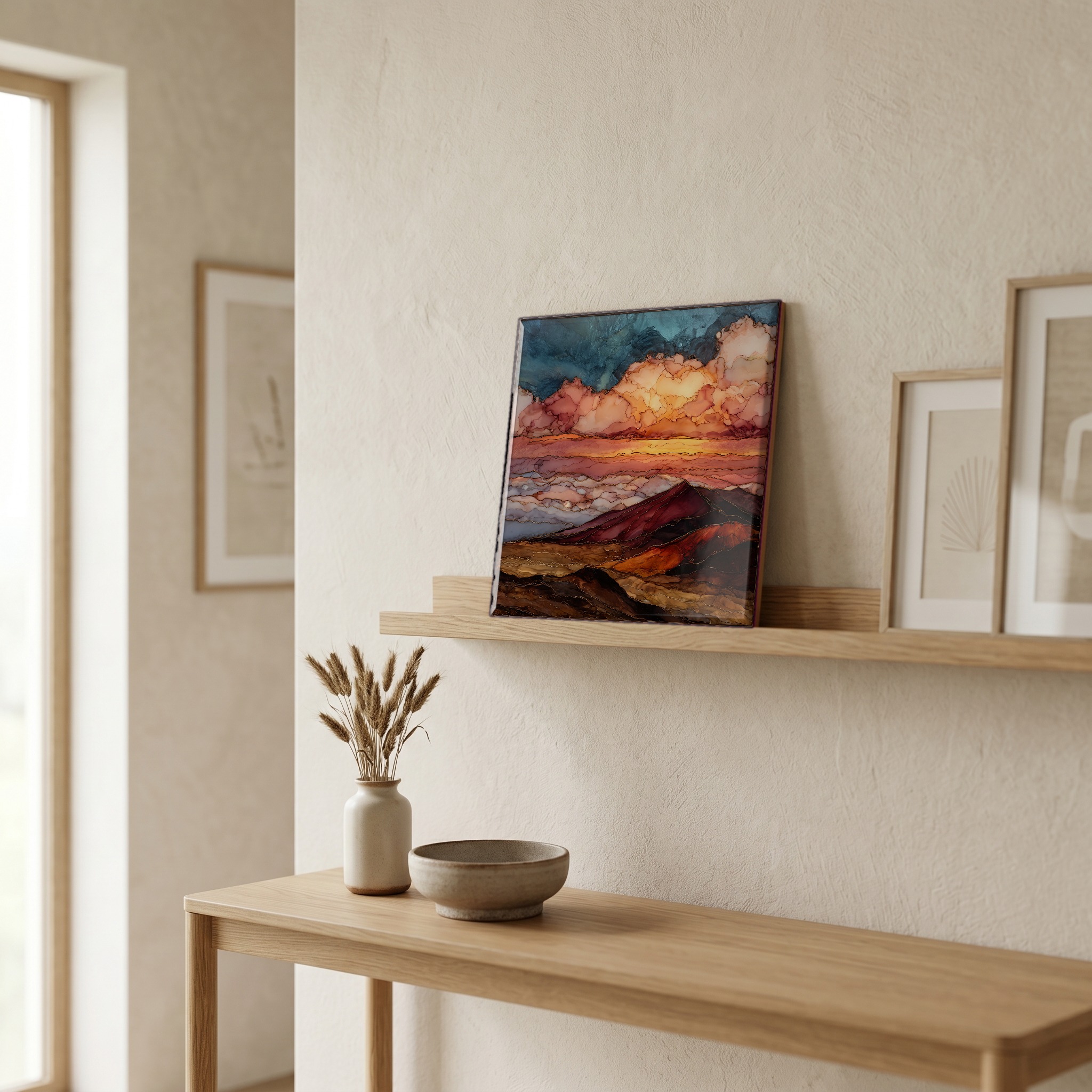 On a picture ledge, where the light comes in.