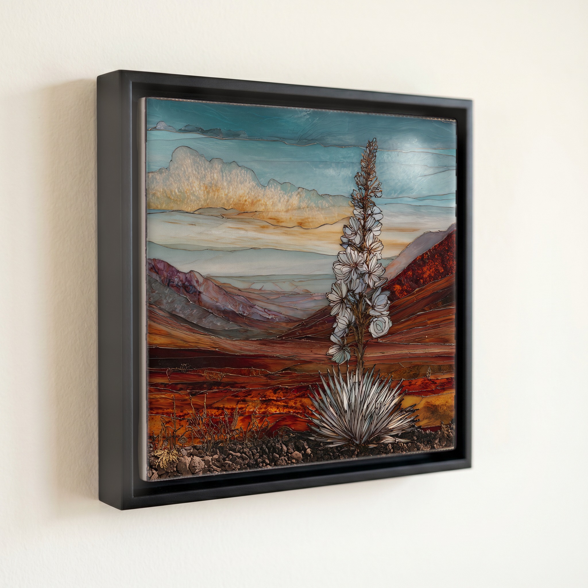 shown in a slim black floating frame · 6 × 6 in
