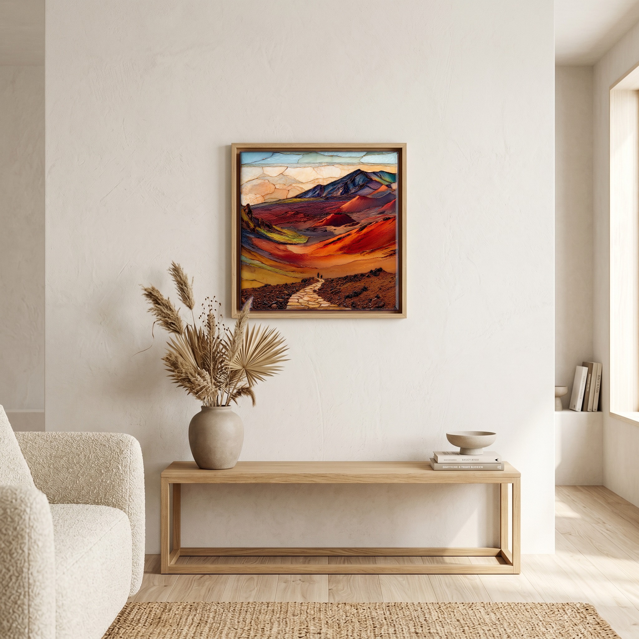Above the bench, in a warm oak surround.
