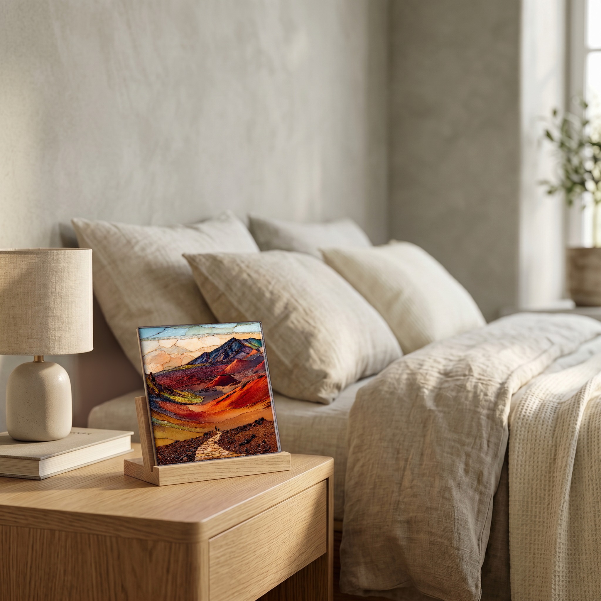 On the nightstand, on a light oak stand.